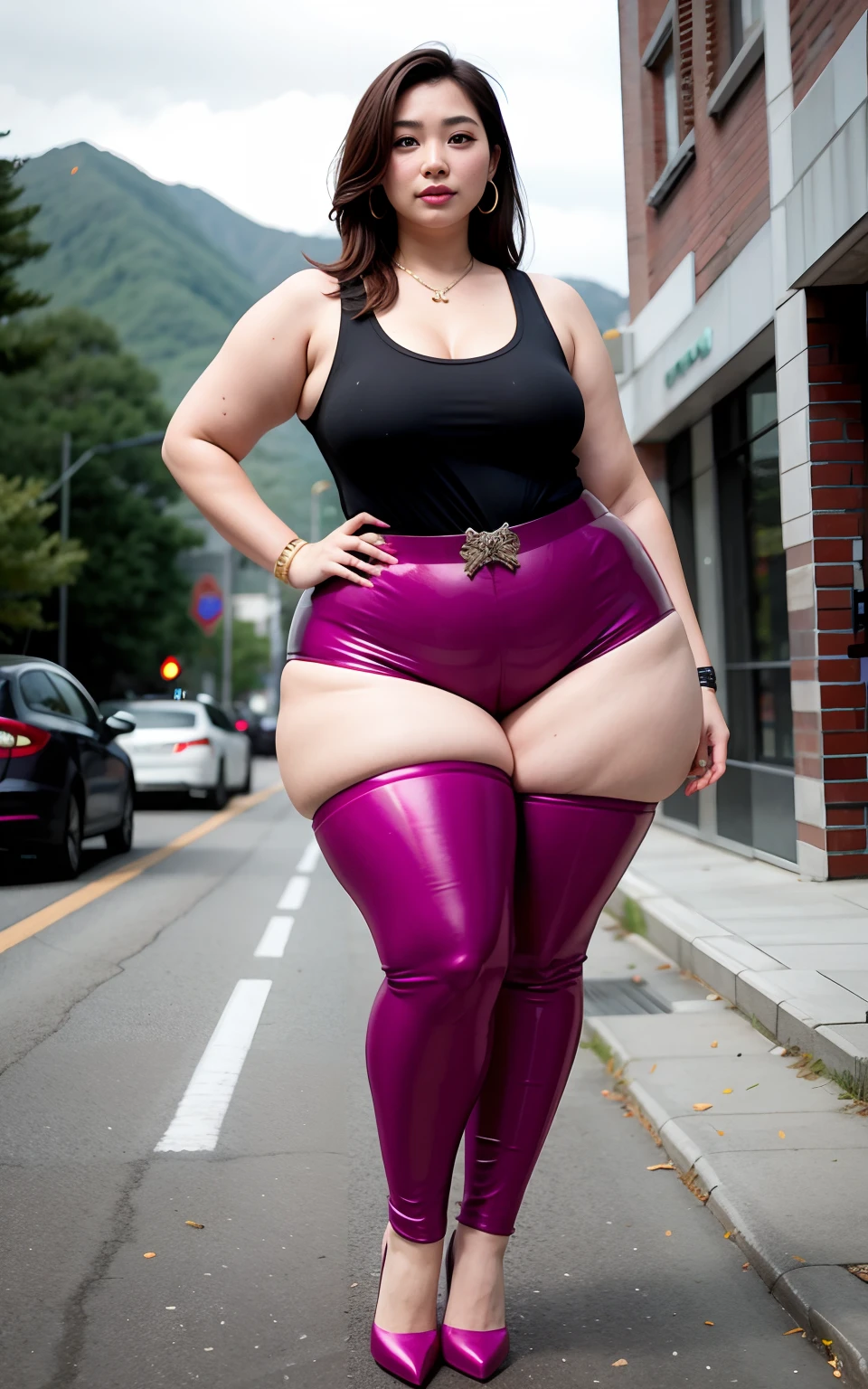 Beautiful woman,hot pant,vests,Super tall,Super fat,Raised sexy,,curvy build,Plus-size models,Korean face,Masterpiece,super detailing,16k