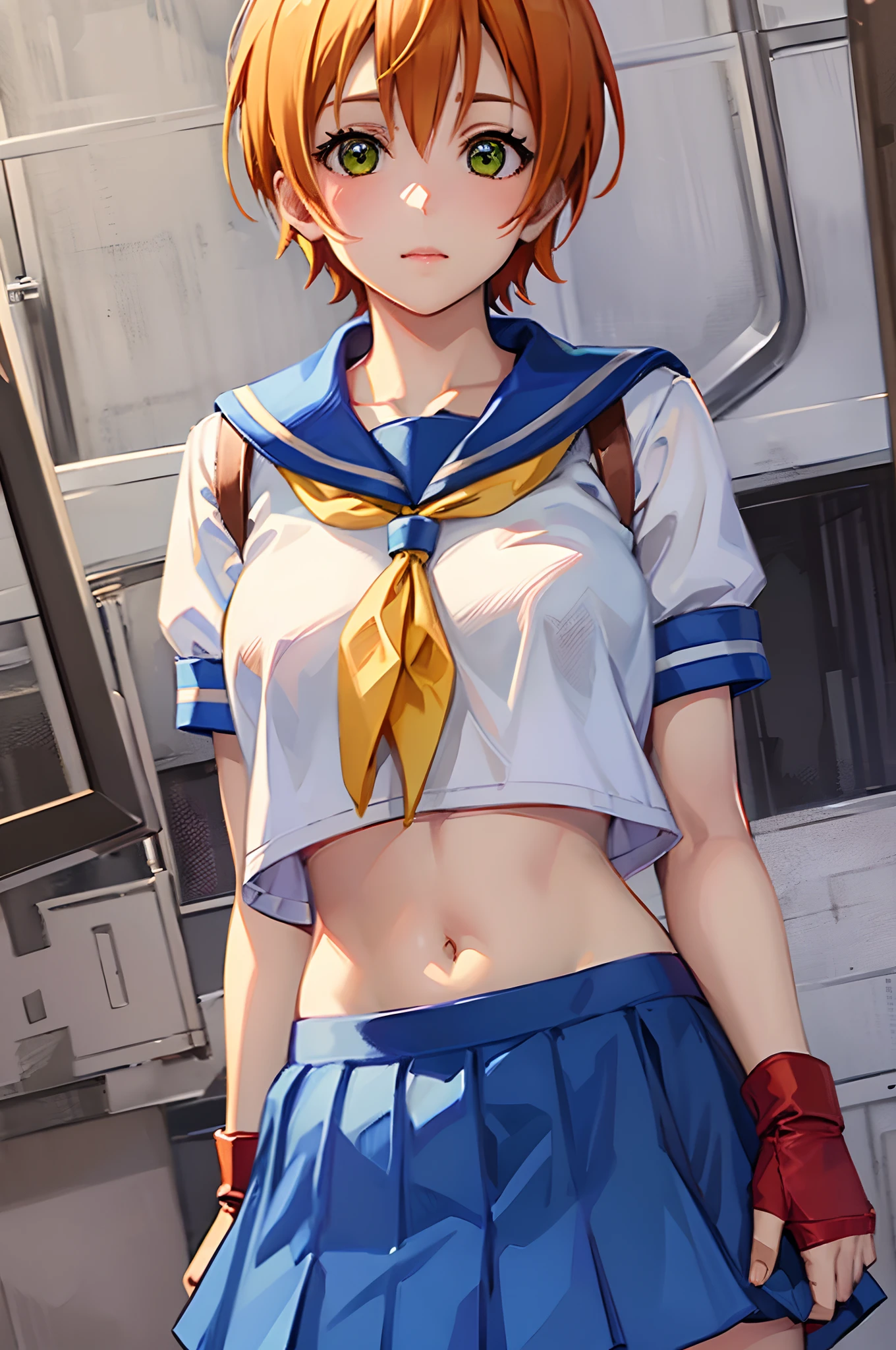 Hoshizora rin, orange hair, green eyes ,short hair, bangs, school uniform, crop top, red neckerchief, ((blue skirt)), fingerless gloves, thighs, standing, cowboy shot