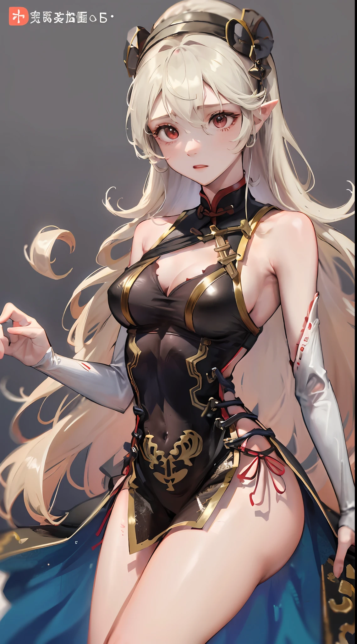 corrin,Fleshy thighs，with a pure white background，peeing self,C cup，Vigorous，China-style，High-class design sense，Promotional poster style，Red cheongsam，highly rendered，详细的脸