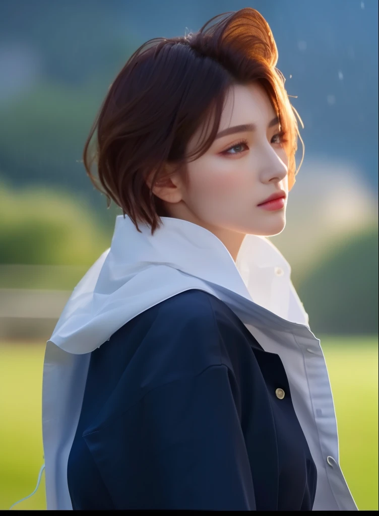((Best Quality, 8K, Masterpiece: 1.3)), Sharp: 1.2, Perfect Body Beauty: 1.4, Slim Abs: 1.2, ((Layered Hairstyle, Big Breasts: 1.2)), (Wet White Button Long Shirt: 1.1), (Rain, Street: 1.2), Wet: 1.5, Highly detailed face and skin texture, detailed eyes, double eyelids, side face looking at the camera