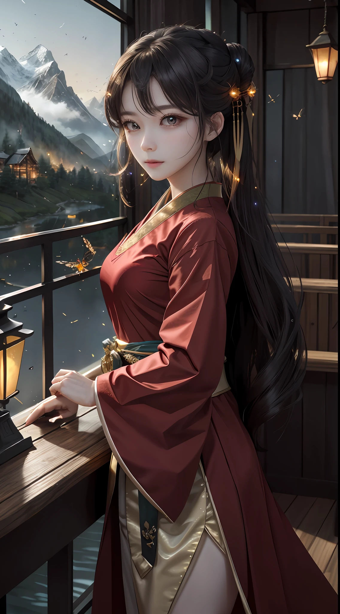 Best quality,tmasterpiece,A high resolution,
1girll, 详细的脸, (The upper part of the body:1.6), Cyber city, mountains and rivers, the night, Firefly lamps, Thick coating, rich details, (red color Hanfu:1.2), (beaturiful body:1.4),