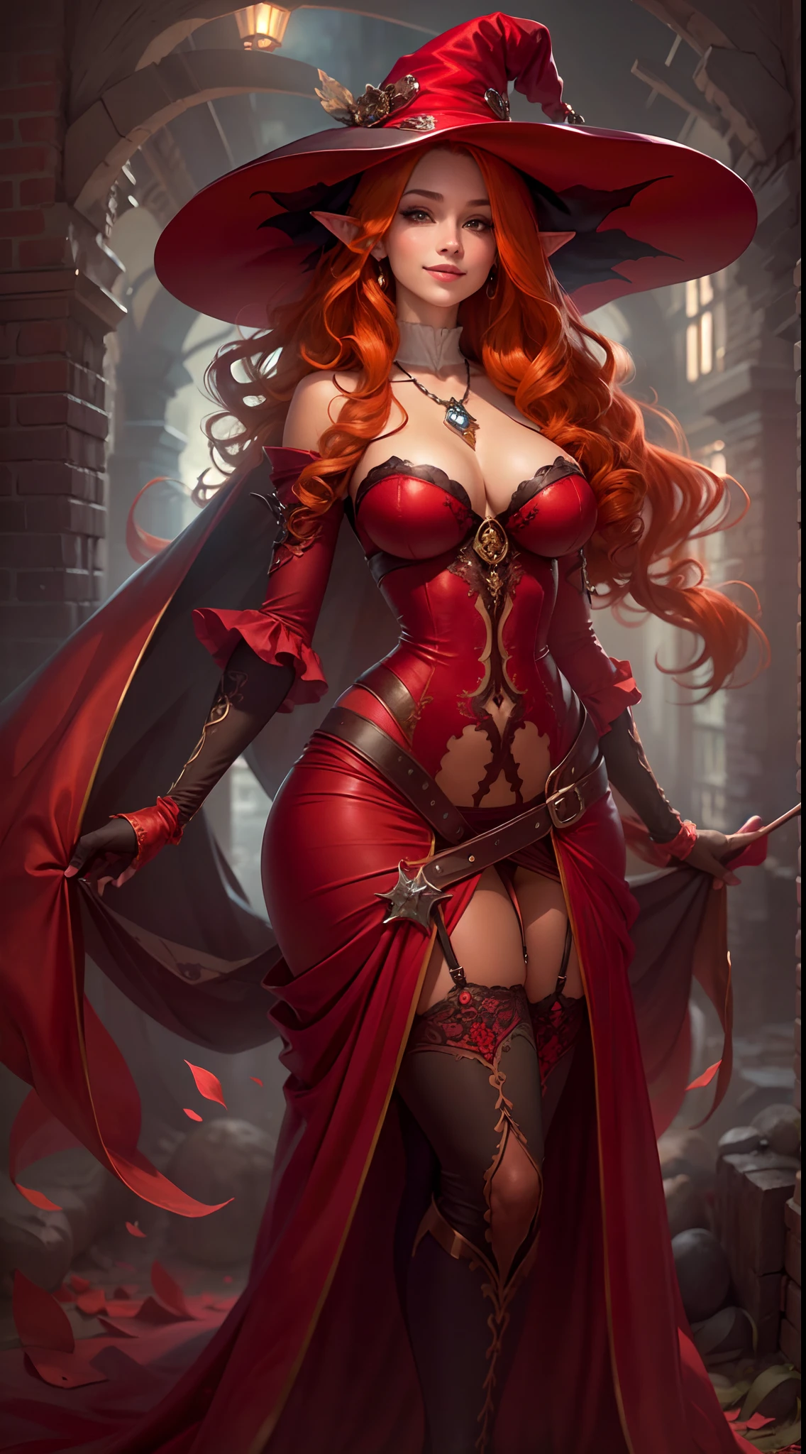 ((big breast, big hips)), beautiful female, long elf ears, redhead hair, long hairstyle, smiling expression, {red} {very big} witch hat, ({red} pelvic curtain dress), {red} long gloves, tight high wear with garter belt, perfect creation, perfect art, highly detailed, detailed art, masterpiece, perfect creation, perfect art,