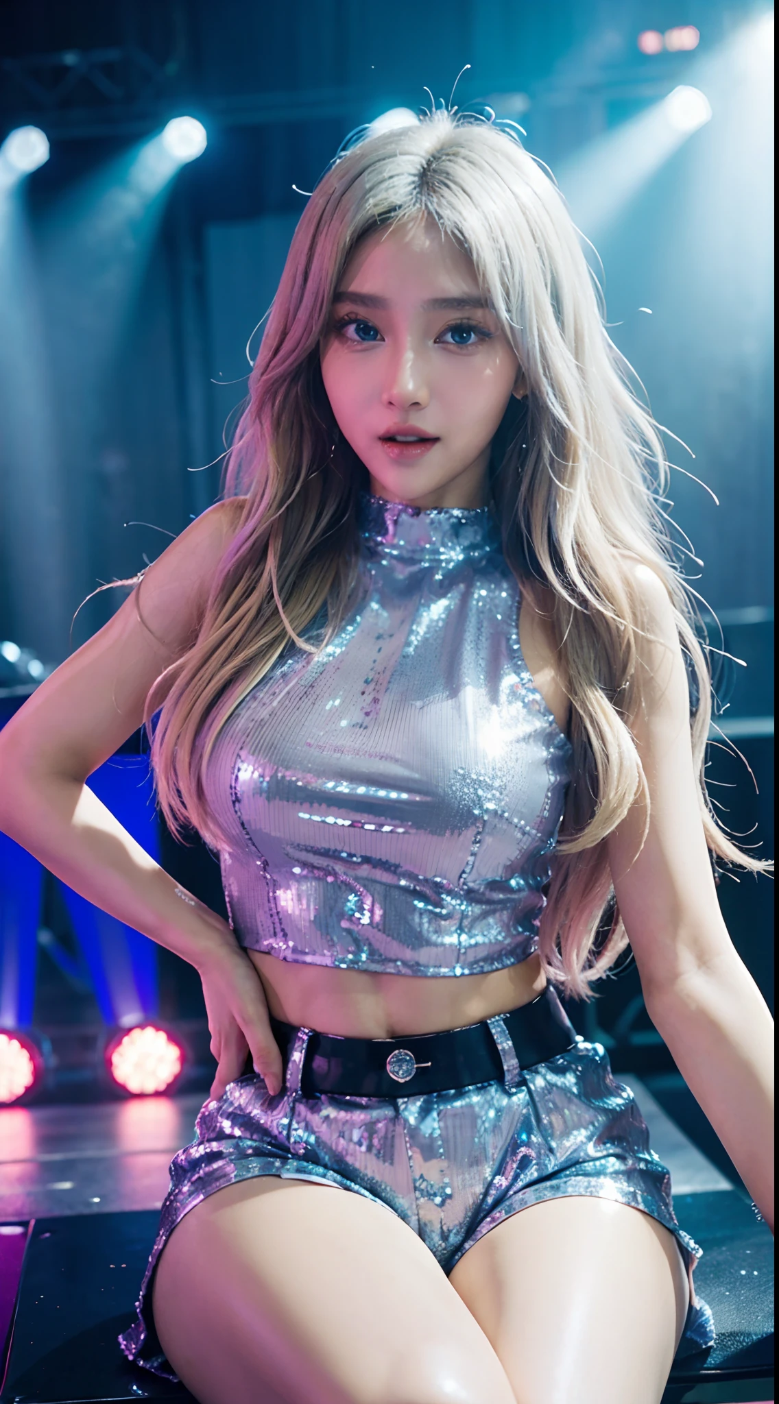 1Girl, (Blue Eyes), Laughter, ((In the name of Minaj)),  large full breasts,  (Best Quality, 8K, Masterpiece: 1.3), Clear Focus: 1.2, Perfect Body Beauty : 1.4, Slim Abs: 1.2, Highly detailed face and skin texture, Detailed Eyes, Double eyelids, (with long blond hair), (Shirt and sequined shorts), k-pop, idol, (Singing and dancing), (on a stage), At a concert, Spread your legs, Sitting on a chair, Looking at the audience