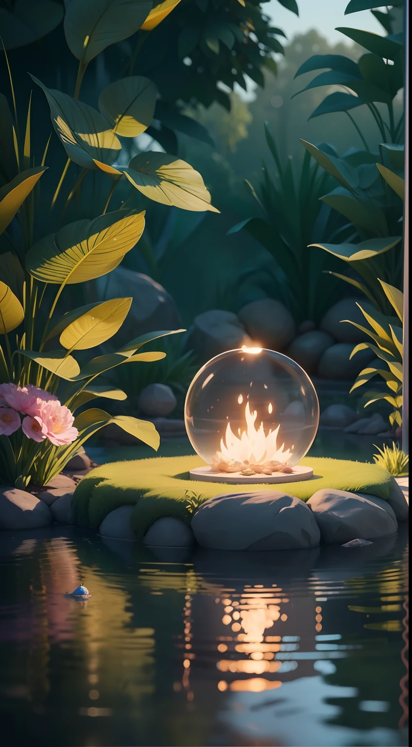 tmasterpiece((Clean glass,The sheen:1.2,(cleanness:1.1),The sheen),The best quality,(pixar-style:1.4),(natta,Surrounded by glowing plants,blossoms,glowworm,bonfires),(super-fine,aestheticly pleasing,Beautiful composition,Rich and bright colors,The volume is soft)。 4k,Reflection in the water,Water ripple magic,Fairytale。unreal-engine,rendering by octane,cuteness render,3Drenderingof,Adobe Photoshop,awe-inspiring,