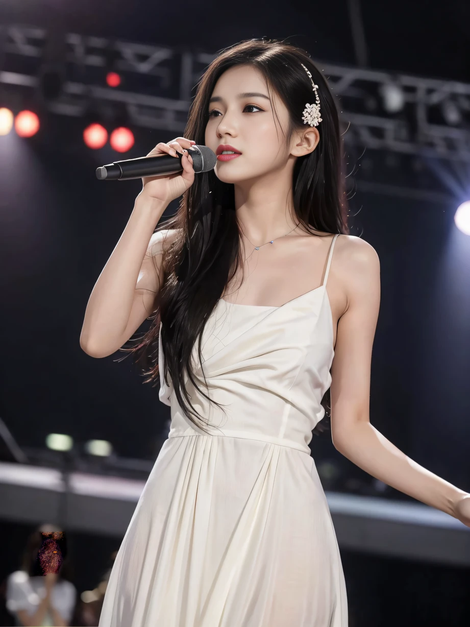 ，masterpiece, best quality，8k, ultra highres，Reallightandshadow，(beautidful eyes:1.1)， Beautuful Women，The lighting of the stage softened instantly，A curtain of rain fell from all directions，Like a drizzle in a fairyland，Slowly covered the entire stage。The idol singer wore a white dress，It's like turning into a spirit in the rain。A drizzle drizzled on her skin，crystal-clear，Twinkles like a pearl。She looked up，Close your eyes slightly，Feel the touch of rain sliding across your face。

The music started slowly，She pursed her red lips，Like a thread blown by the wind，Let out a gentle singing voice。Accompanied by music，Her dance steps are light。She danced her arms，As gentle as a feather，Blowing water mist through the air，Form a unique dance pattern。The raindrops condensed into a beautiful arc along her figure，It's like an ordinary star，Decorate the entire stage like a picturesque one。

Her singing and dancing seem to blend in with the rain，Bring the audience into a realm of beauty。Every dance brings a breathless beauty，Every note evokes the softest emotions in people's hearts。The audience listened quietly，It's like you're in a magical wonderland，Infected by her performance、shock，Linger。