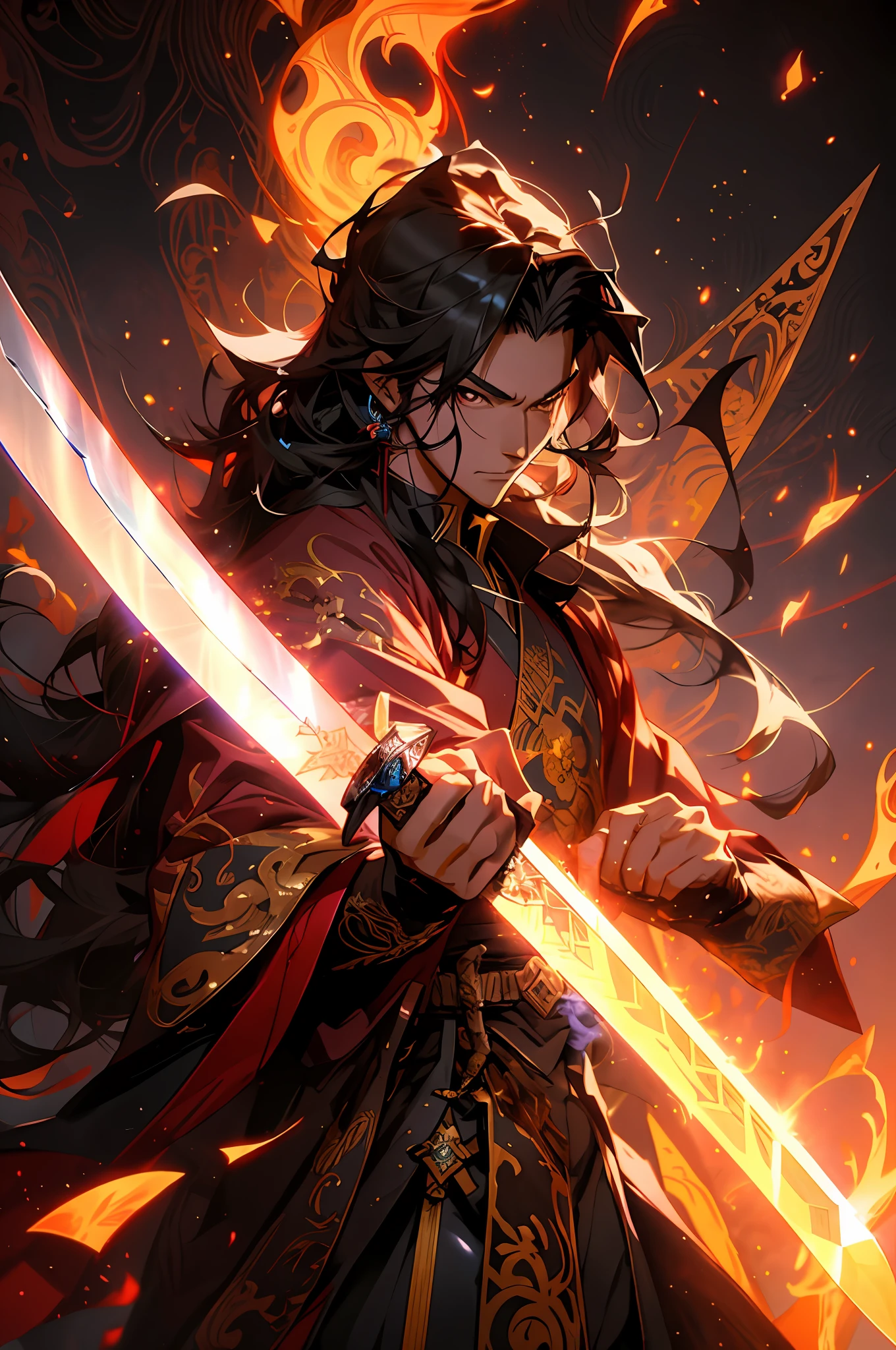 anime - style image of a man holding a sword in front of a sky, handsome guy in demon slayer art, by Yang J, with large sword, demon slayer artstyle, badass anime 8 k, epic fantasy digital art style, keqing from genshin impact, 2. 5 d cgi anime fantasy artwork, demon slayer rui fanart, detailed digital anime art