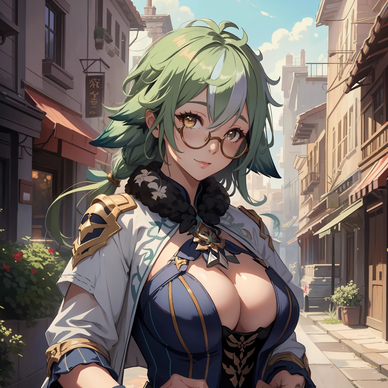 masterpiece, digital painting, best quality, detailed, stunningly attractive, glasses, big breasts, happy, outdoors, detailed background, cinematic lighting, sharp focus, cute face, blushing (excellent hands fingers thumbs:1)