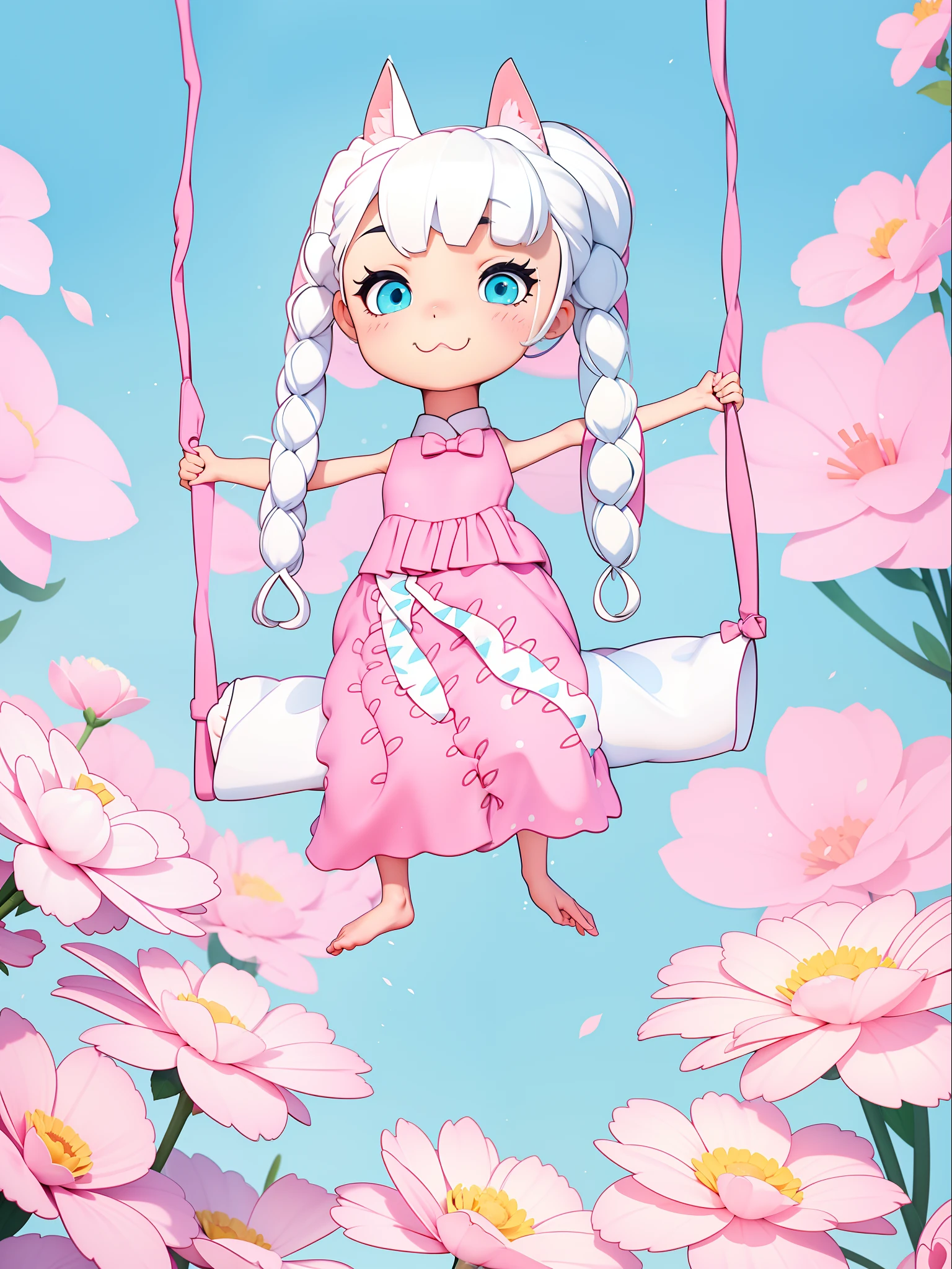  has cat ears,Twisted braids,White hair,on swing,there's flowers everywhere,cyan dress，Pink background color rich