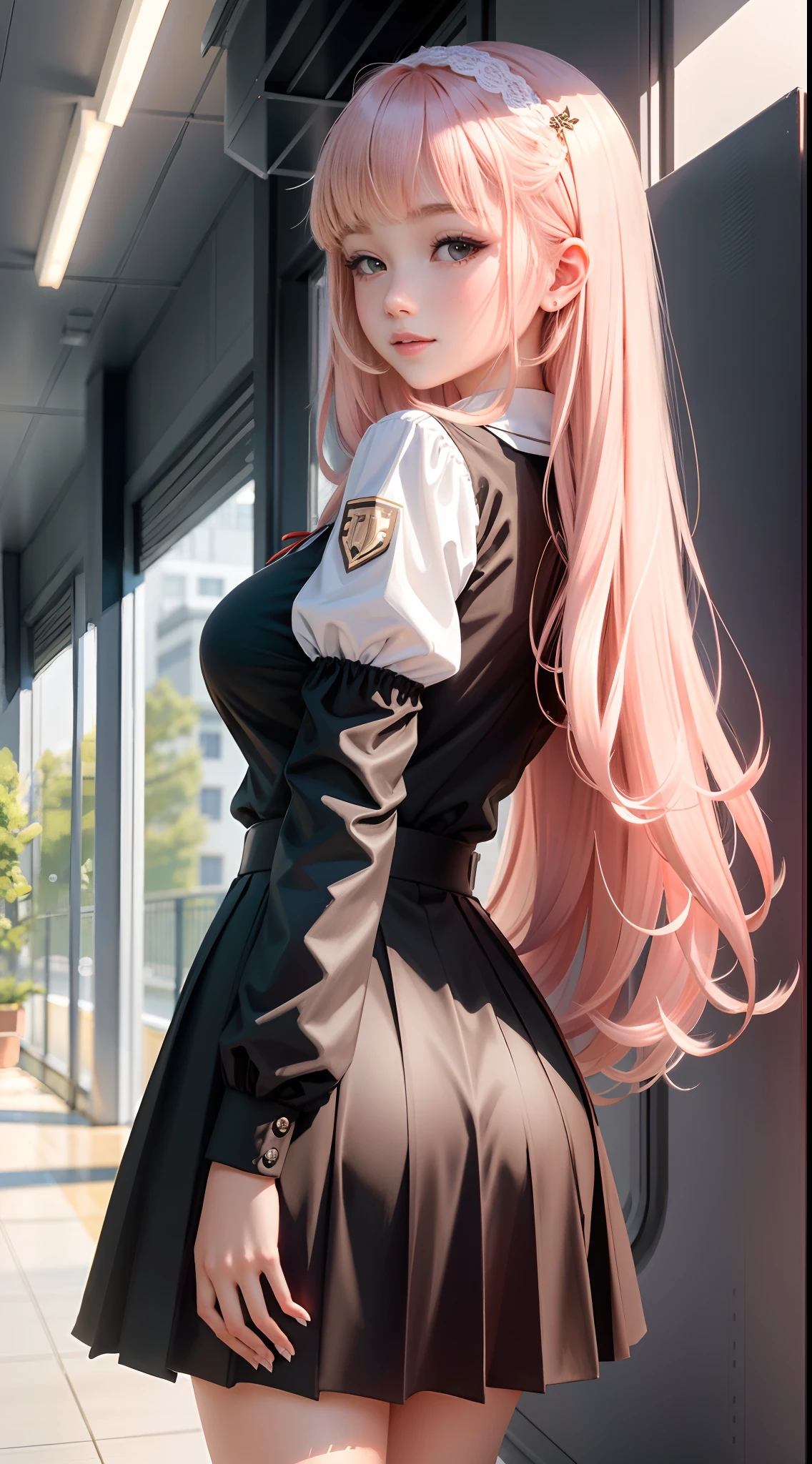 from below,depth of fields，Wide，multiple persons，school，Cute girl，22 year old，realisticlying，huge tit，Untie vanadium，She wears lace panties，Wear a student uniform，Golden hair。Masterpiece, A high resolution, Extremely detailed, Character, White skin of the, Blush,Penetrating，Erogenous posture，Long legs，campus，A seductive smile，Beautiful scenery，