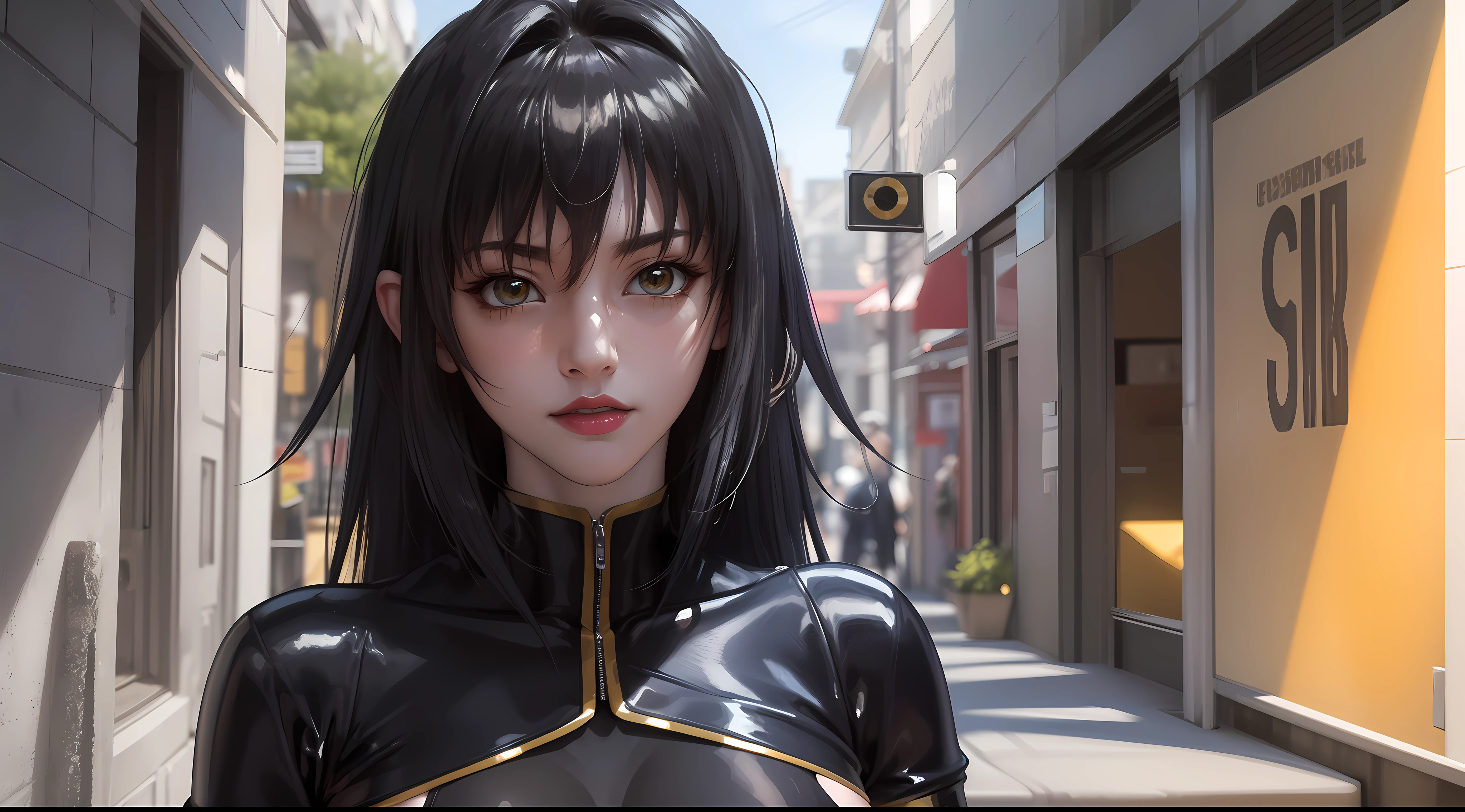 professional artwork, Intricate Details, field of view, sharp focus, detailed painting, photorealistic lighting, trending on pixiv, Standing at attention, black outfit ,yellow collared shirt,black and red bodysuit,skin_tight,black legwear, black pantyhose, Side_boob, black hair,very long hair, Bangs,yellow eyes,makeup, lipstick, 20yo,mature female,Beautiful Finger,Beautiful long legs,Beautiful body,Beautiful Nose,Beautiful character design, perfect eyes, perfect face, looking at viewer,official art,extremely detailed CG unreal engine 8k wallpaper, perfect lighting,Colorful, Bright_Front_face_Lighting, (masterpiece:1.0),(best_quality:1.0), ultra high res,4K,ultra-detailed, photography, 8K, HDR, highres, absurdres:1.2, Kodak portra 400, film grain, blurry background, (Beautiful,large_Breasts:1.4), (beautiful_face:1.5),(narrow_waist), (solo:1.4), ((landscape dimension)), rich detailed makeup, rich detailed eyeshadow, rich detailed lips, rich detailed lipstick, beautiful detail eyes