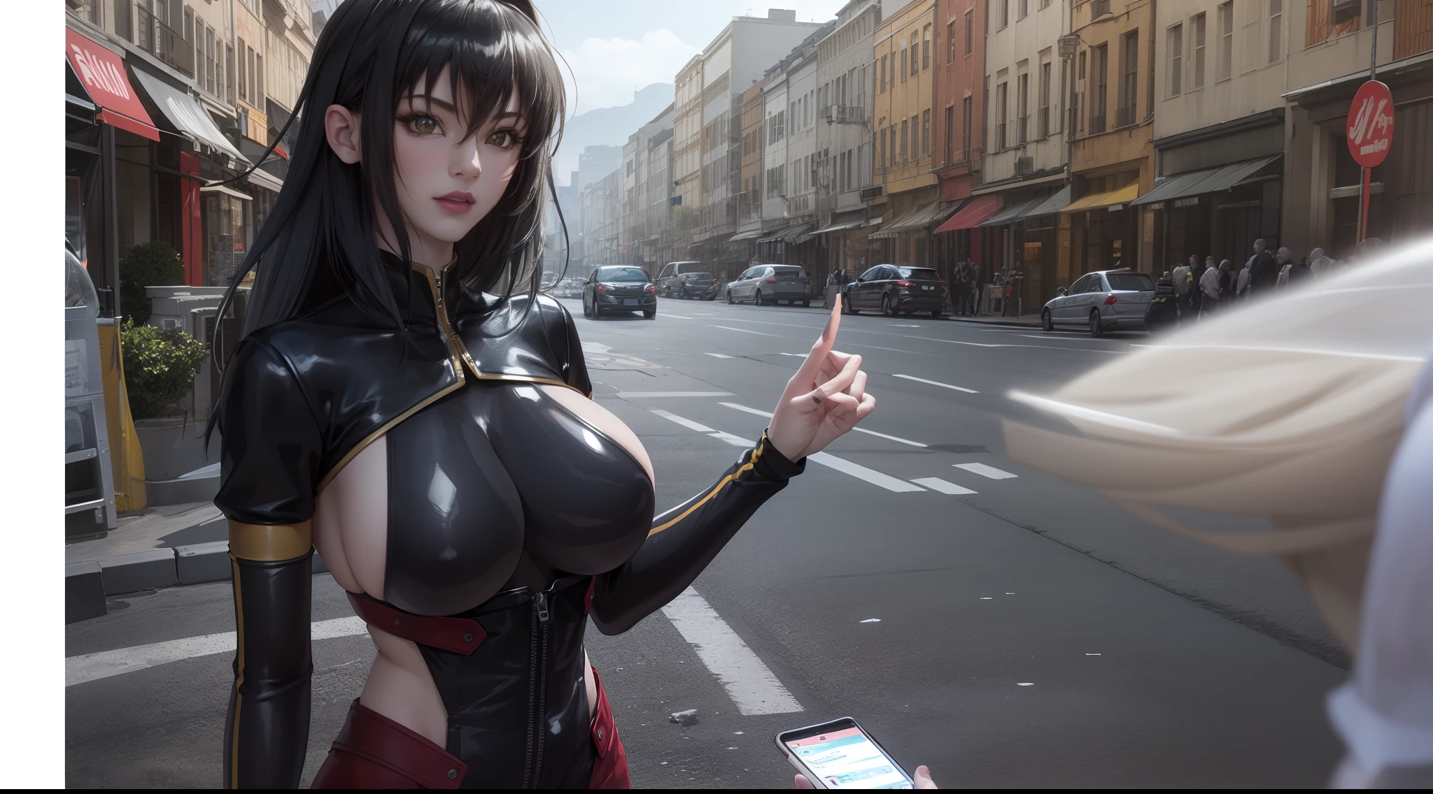 professional artwork, Intricate Details, field of view, sharp focus, detailed painting, photorealistic lighting, trending on pixiv, Standing at attention, black outfit ,yellow collared shirt,black and red bodysuit,skin_tight,black legwear, black pantyhose, Side_boob, black hair,very long hair, Bangs,yellow eyes,makeup, lipstick, 20yo,mature female,Beautiful Finger,Beautiful long legs,Beautiful body,Beautiful Nose,Beautiful character design, perfect eyes, perfect face, looking at viewer,official art,extremely detailed CG unreal engine 8k wallpaper, perfect lighting,Colorful, Bright_Front_face_Lighting, (masterpiece:1.0),(best_quality:1.0), ultra high res,4K,ultra-detailed, photography, 8K, HDR, highres, absurdres:1.2, Kodak portra 400, film grain, blurry background, (Beautiful,large_Breasts:1.4), (beautiful_face:1.5),(narrow_waist), (solo:1.4), ((landscape dimension)), rich detailed makeup, rich detailed eyeshadow, rich detailed lips, rich detailed lipstick, beautiful detail eyes
