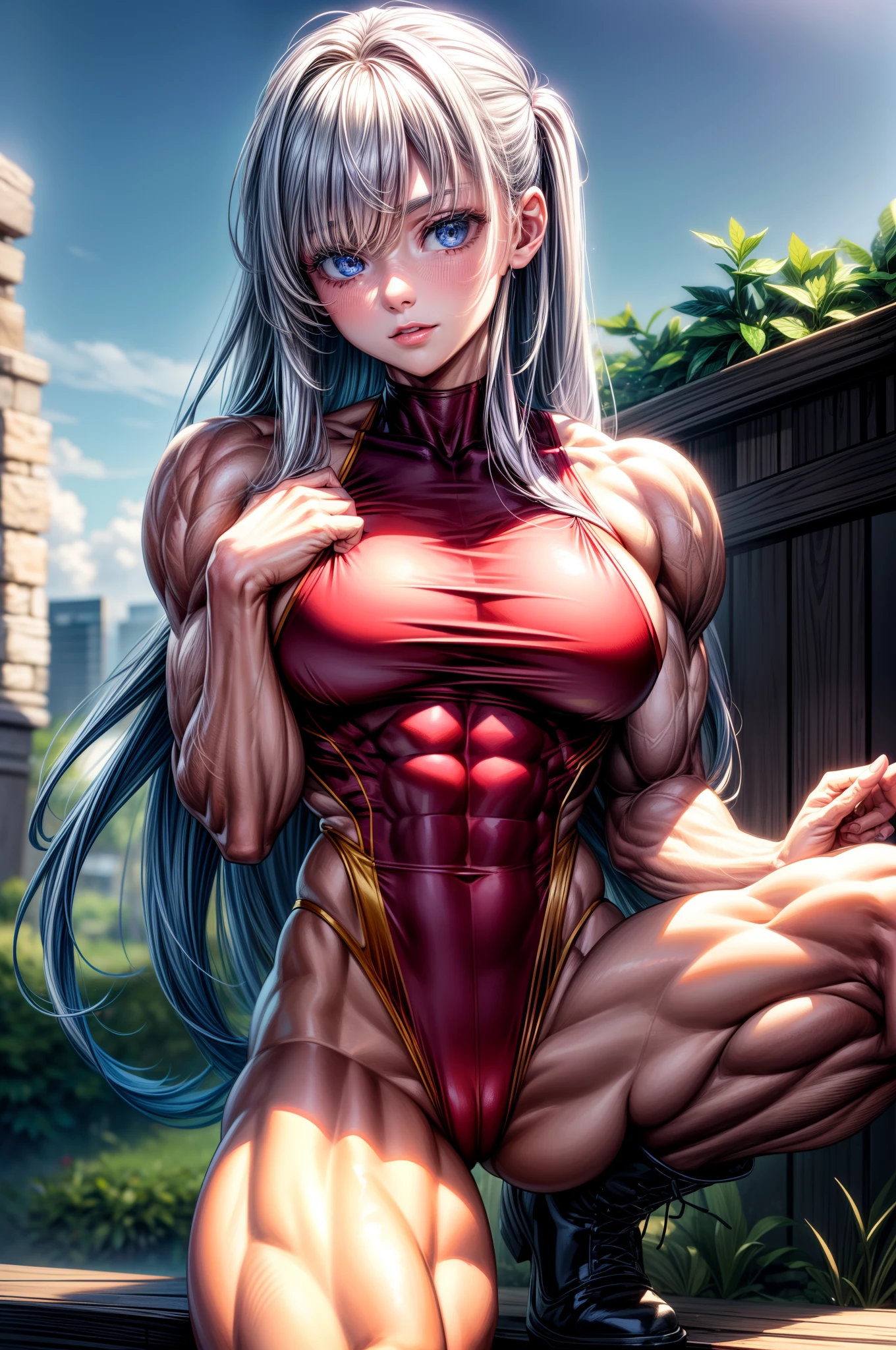 (BEST lighting) , (ultra intricately detailed) , 4K unification, (super-detailed CG: 1.2) , (8K: 1.2),(Original), (Masterpiece) , (Best quality),(Masterpiece:1.4),Anime-ish high quality,(Masterpiece),Masterpiece, Super clear picture quality,Clearer than movies,(Fine face)Best quality, absurderes,((masterpeace, 4K, 8K, Yes, A high resolution))1girll, girls,She was in the garden,standing on your feet,Exposing the abdomen, Crop topping,There are bulges of dense veins on the arms,Spring, Boots, Perfect figure, Long silver hair, Dynamic pose,Legs exposed,Strong leg muscles ((body builder:1.5)),Spring Garden,(Beautiful bace),(Girl),(Female),(((Upper body:1)))