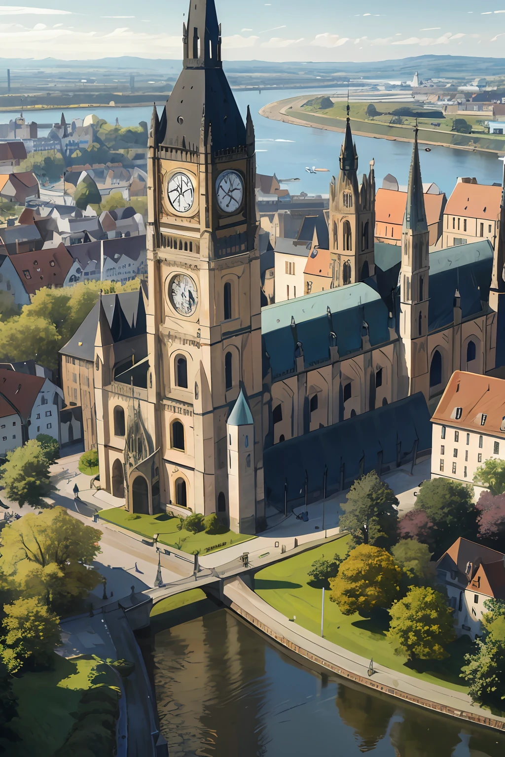 arafed view of a cathedral with a clock tower and a river, Germany. wideshot, by Werner Gutzeit, by Jakob Gauermann, shot from drone, by Emanuel Büchel, Seen from above, 4k drone photography, majestic spires, drone photography, drone view of a city, View from above, shot from drone, Shot from above