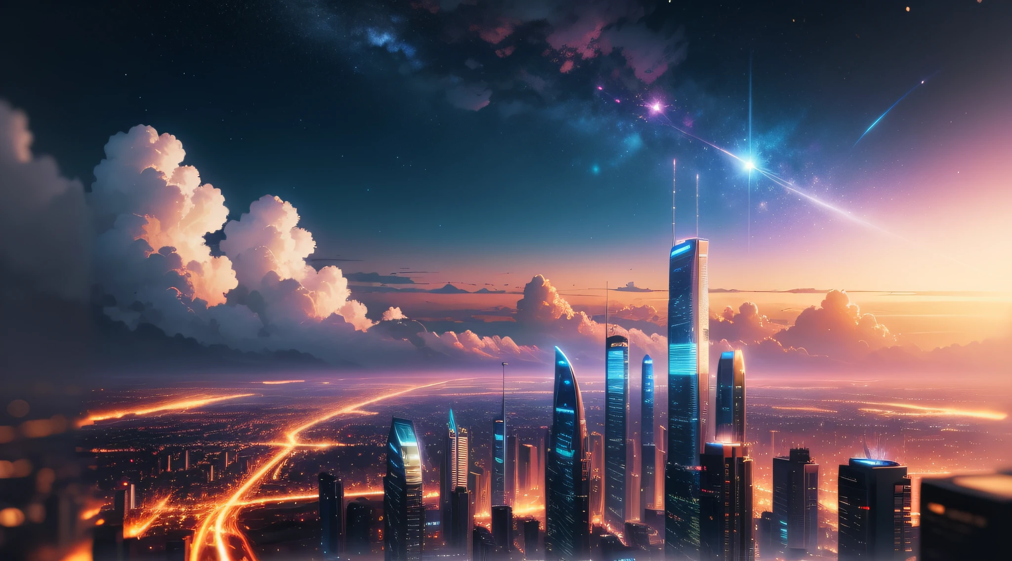 Anime scene of a city with stars and clouds at night, Cosmos Sky. By Makoto Shinkai, 4k highly detailed digital art, 4K anime wallpaper, Makoto Shinkai Cyril Rolando, Anime wallpaper 4 k, Anime wallpaper 4K, Anime art wallpaper 4 K, Anime art wallpaper 4k, anime backgrounds