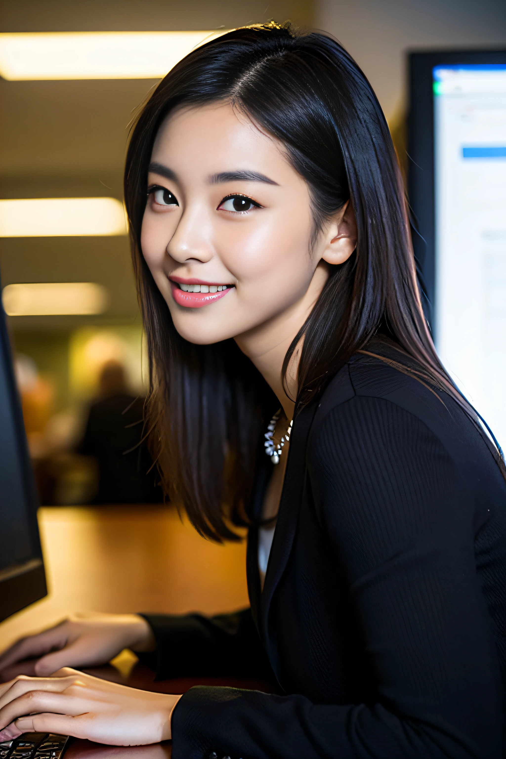 (Masterpiece:1.3)、(8k、Photo Realistic、RAW Photography、top-quality: 1.4)、super definition、anatomically correct、Textured skin、((((1girl、solo))))、((Shooting for one person only))、beautiful countenance、(realistic face)、Korean model(A dark-haired、Center division、Long:1.3)、Chinese models(A dark-haired、Center division、Long:1.3)、More Korean than Chinese、realistic eyes、real looking skin、Beautiful details、Beautiful skins、A charming smile、super high resolution、(hyper-realistic)、anatomically correct、Textured skin、Sharp jawline、perfect proportions 、(plump bust)、Necklace,,(((suit))),woman using laptop computer at office with books and plant in background,working,in front of a computer,sitting at a computer,at office,sitting in front of computer, sitting at desk at keyboard, people at work,(((shoot from side)))