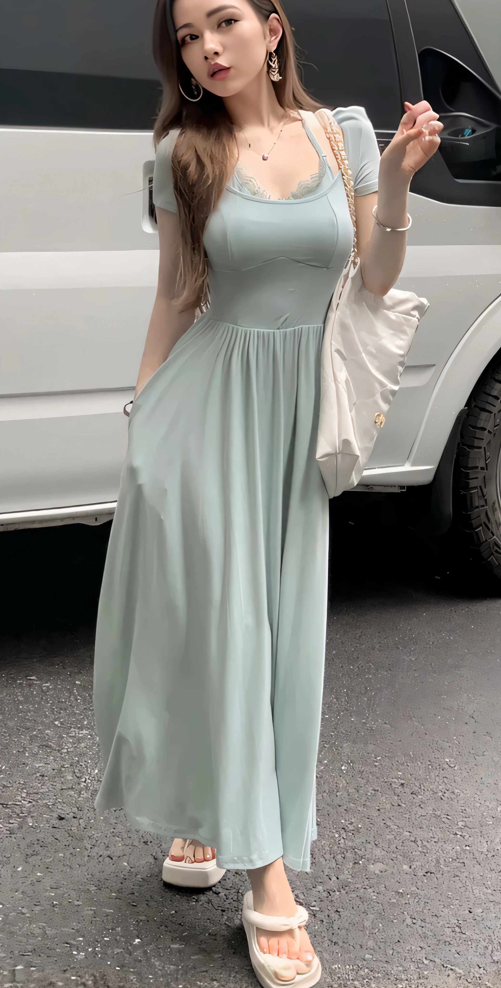 An Arapei woman in a blue dress and white sandals stands in front of a white van, Long dress, floating dress, soft silk dress, wearing flowing dress, Wearing a long dress, simple dress, opened dress, Bandeau Dress, light half opened dress, wearing dresses, pastel green, Long skirt, is wearing  dress, 8K))