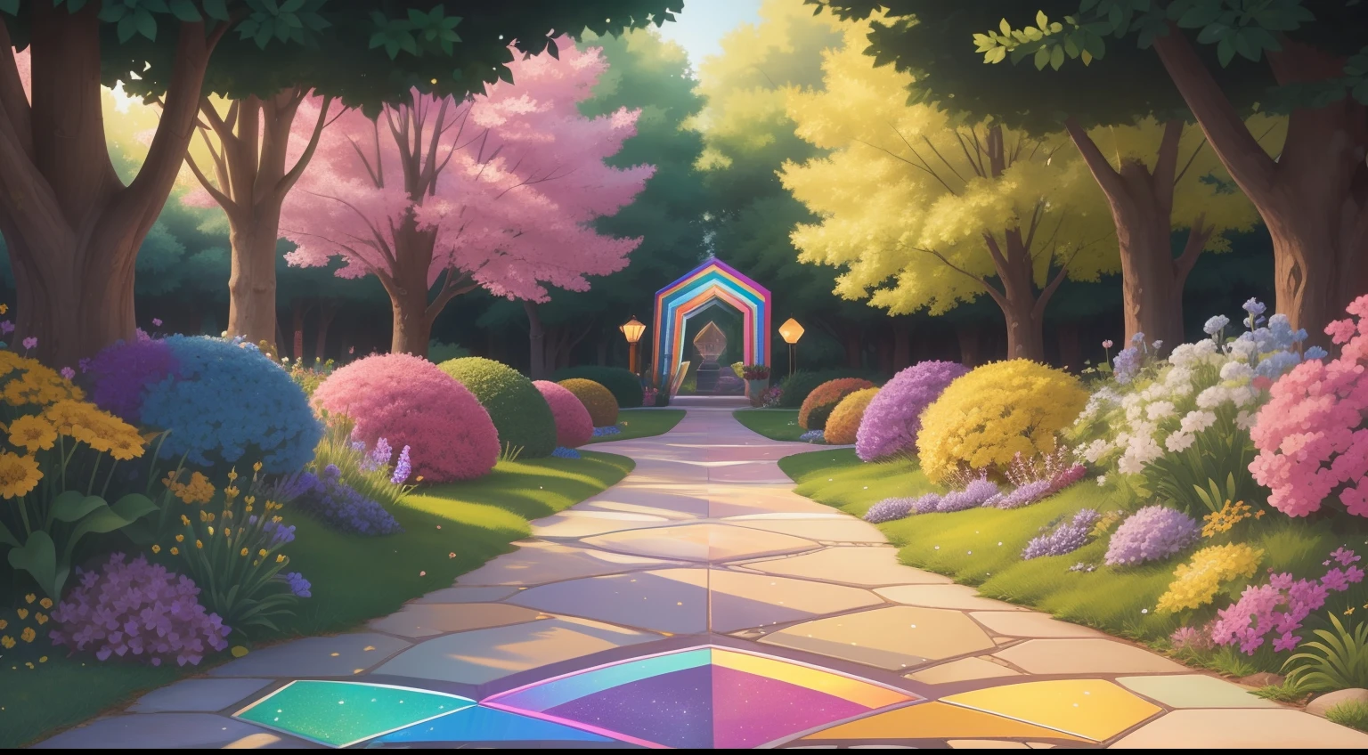Glistening Prism Pathway:
Sunlight illuminates a pathway paved with prismatic gemstones, each radiating a unique hue. As visitors step on the stones, their surroundings transform into scenes from their happiest memories, creating a walking tapestry of joyful moments.