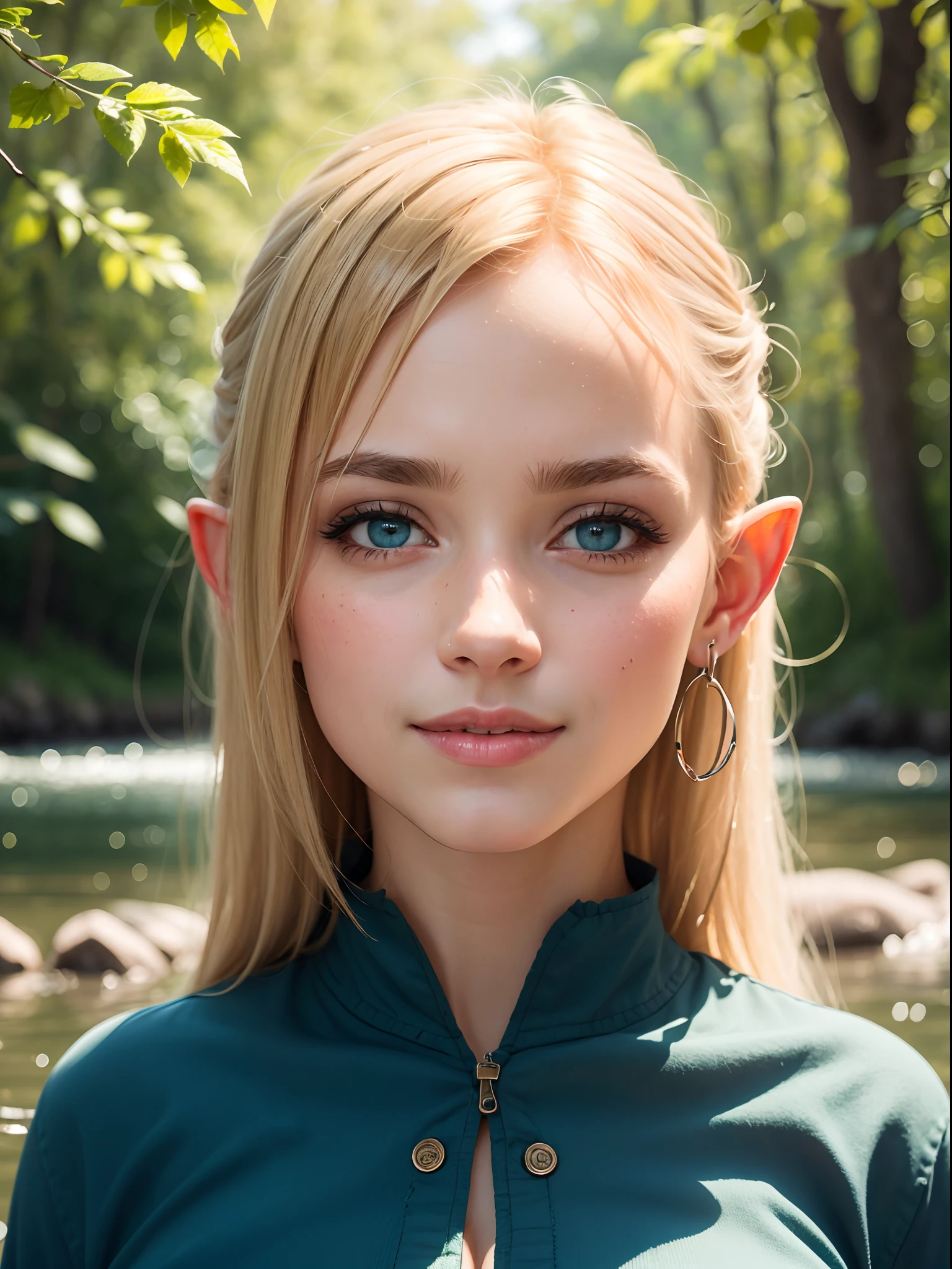 ((Masterpiece)), (high resolution:1.4), (on a river:1.2), blue tunic, beautifull elf woman, blonde hair, blue water eyes, pale skin, in the middle of the forest, at night, invoking, magic throught her hands, LightningMagicAI,  beautifull smile, beautiful face, highly detailed skin, skin pores,(highly detailed face:1.1), (highly detailed eyes:1.1), realistic pupils, full face blush, full lips, (perfect anatomy:1.1), (perfect proportions:1.1), (photography:1.1), (photorealistic:1.1), volumetric lighting, dynamic lighting, real shadows, (highres:1.1), sharp focus, rembrandt lighting, (realistic, hyperrealistic:1.4), intricate, high detail, dramatic, subsurface scattering, big depth of field, vivid, polished, sharpened, ((full Sharp)), (extremely absurdres),16k hdr,