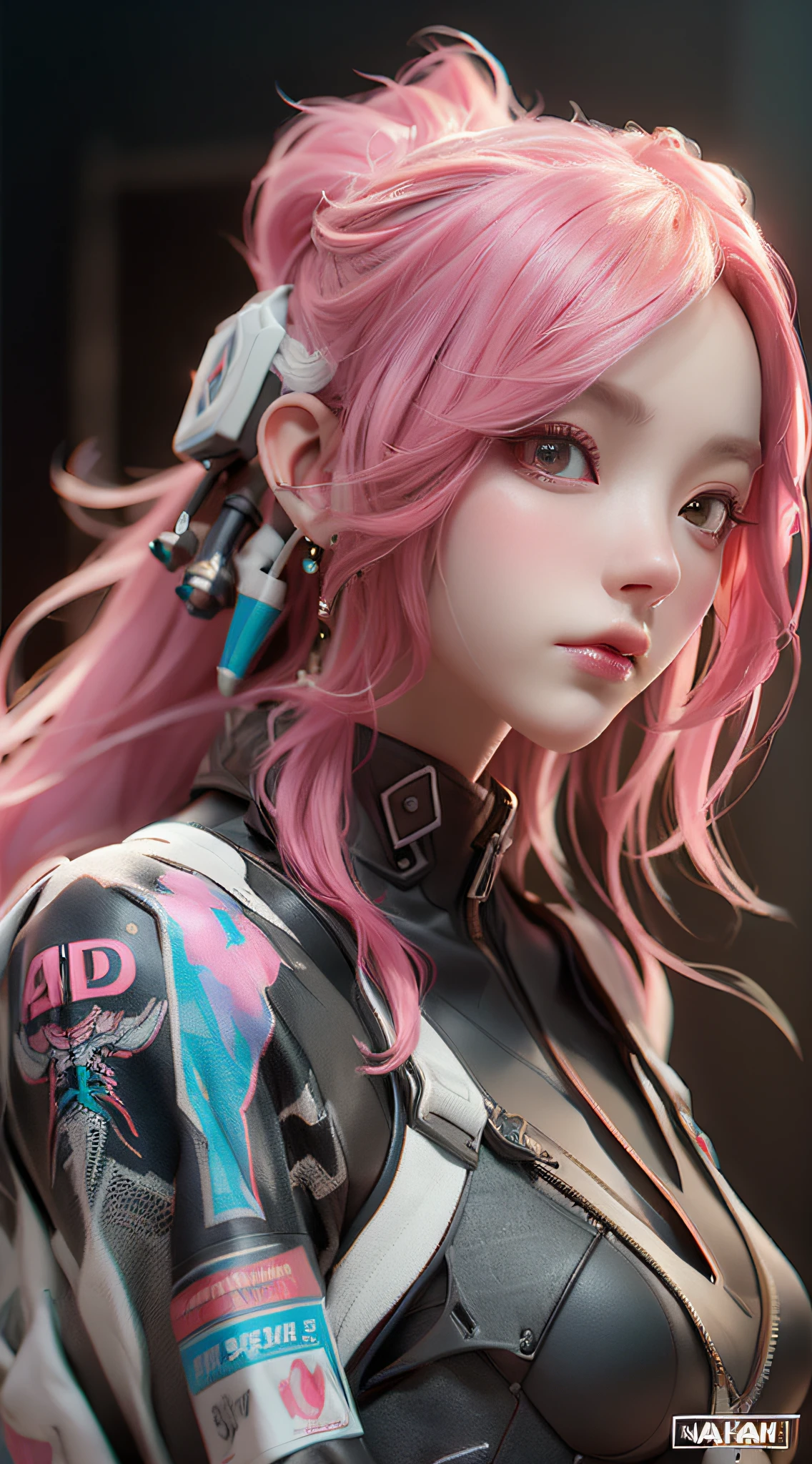((best qualtiy)), ((tmasterpiece)), (the detail:1.4), 3D, A beautiful cyberpunk female image,HDR(HighDynamicRange),A pink-haired,TATTOO,Ray traching,NVIDIA RTX,Super-Resolution,Unreal 5,Subsurface scattering、PBR Texture、post-proces、Anisotropy Filtering、depth of fields、maximum definition and sharpness、Many-Layer Textures、Albedo e mapas Speculares、Surface Coloring、Accurate simulation of light-material interactions、perfectly proportions、Octane Render、Two-colored light、largeaperture、Low ISO、White balance、the rule of thirds、8K RAW、