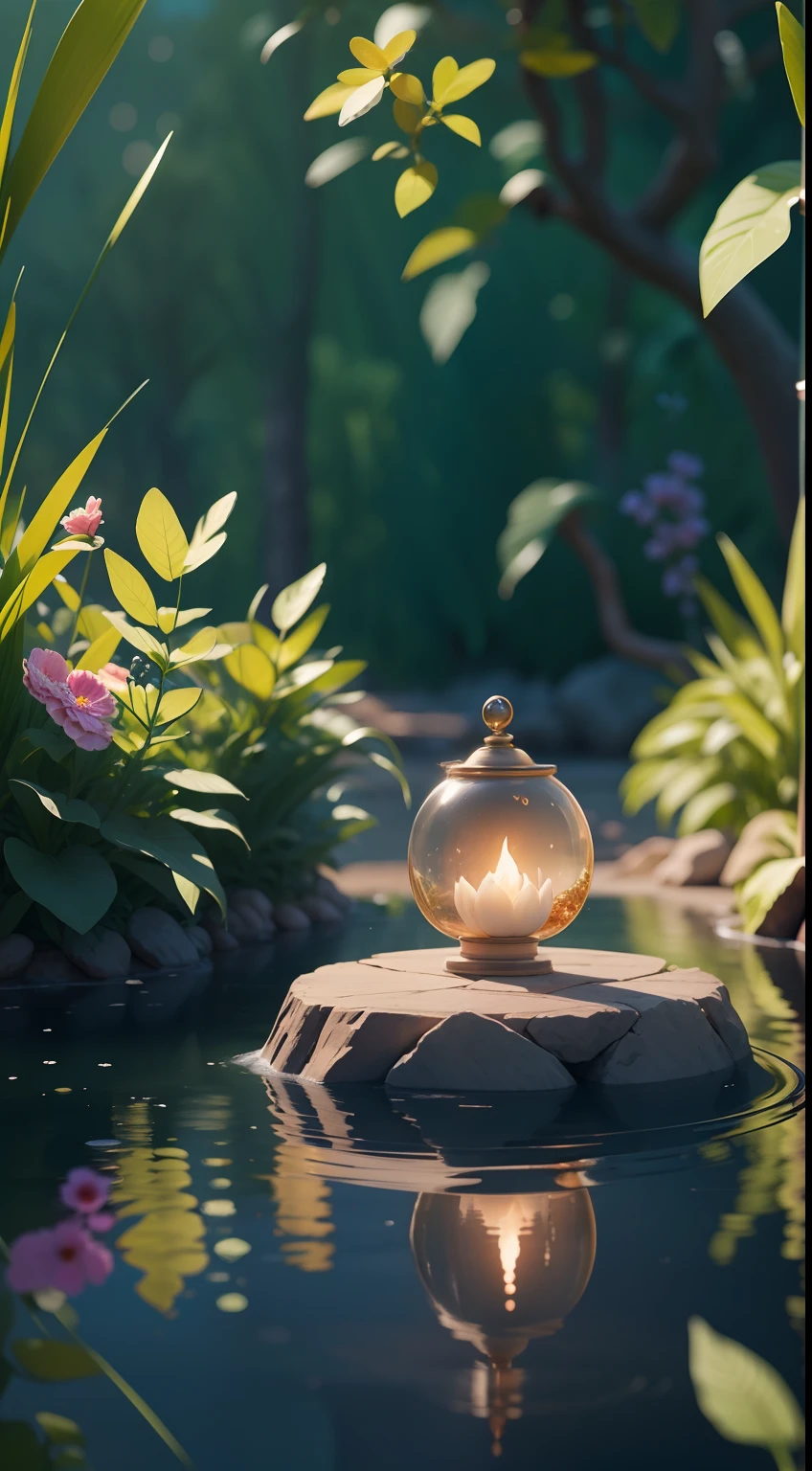 tmasterpiece((Clean glass,The sheen:1.2,(cleanness:1.1),The sheen),The best quality,(pixar-style:1.4),(natta,Surrounded by glowing plants,blossoms,glowworm,bonfires),(super-fine,aestheticly pleasing,Beautiful composition,Rich and bright colors,The volume is soft)。
4k,Reflection in the water,Water ripple magic,Fairytale。unreal-engine,rendering by octane,cuteness render,3Drenderingof,Adobe Photoshop,awe-inspiring,