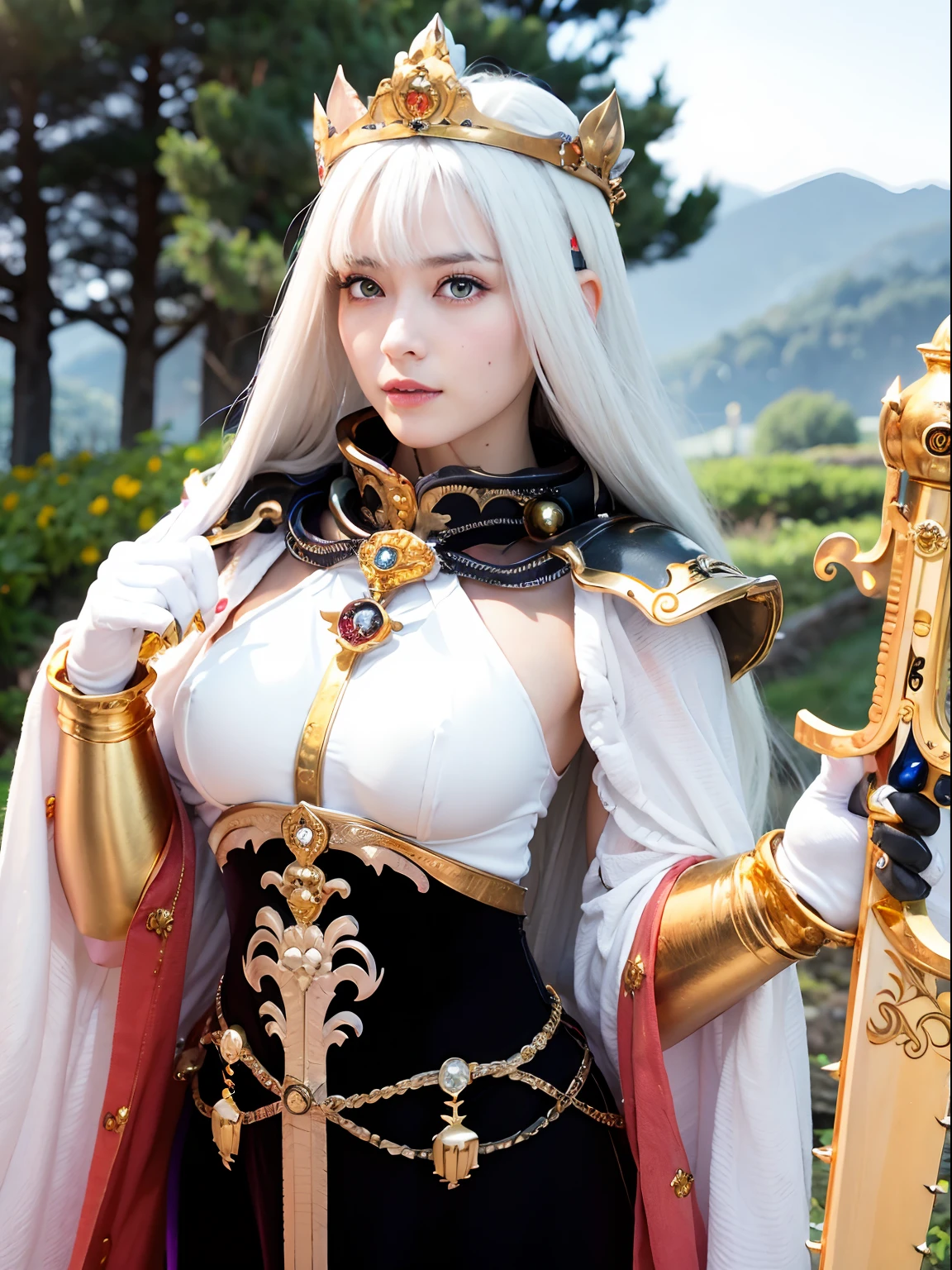 (masutepiece), Professional , masterpiece、top-quality、photos realistic , depth of fields (Gemstone Silver Metal Body:1.9),(Matte White、Jewel Gold Weapon(Jewel Metal Body:1.4),Gorgeous metal weapons , Detailed Sword of the Brave , Beautiful knife ,warhammer 40k , adepta sororitas,Detail and ornate jewel crown、Black hair、Gangle's forest background、Beautiful Caucasian beauty、1a person、dynamic ungle,(((Detailed and ornate diamond crown)))、Smaller head、A smile、Take a sexy pose、Background inside the castle、Thin and beautiful female hands、