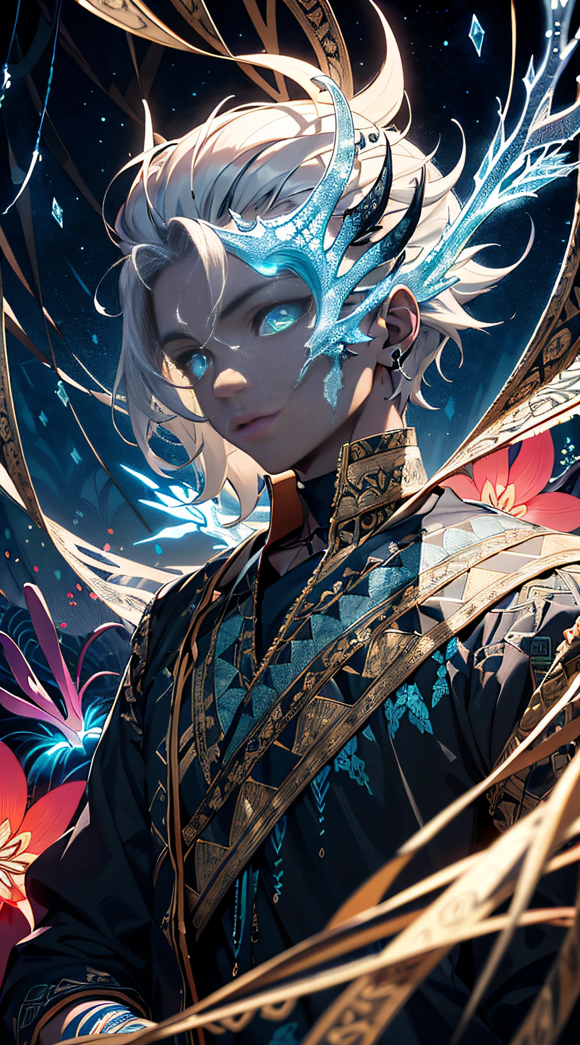 absurd, high resolution, super detailed, official art, unified 8k wallpaper, super detailed, beautiful and aesthetic, masterpiece, best quality, (zentangle, ice, tangles, entanglement), (fractal art: 1.3), realistic, (masterpiece, top quality, best quality, official art, beauty and aesthetics: 1.2), very detailed, fractal art, colorful, most detailed, zentangle, (abstract background: 1.5) (1boy: 1.3), gods, (glowing blue eyes), mysterious, (magic), (sitting on top of the giant Lycoris radiata), ice and snow