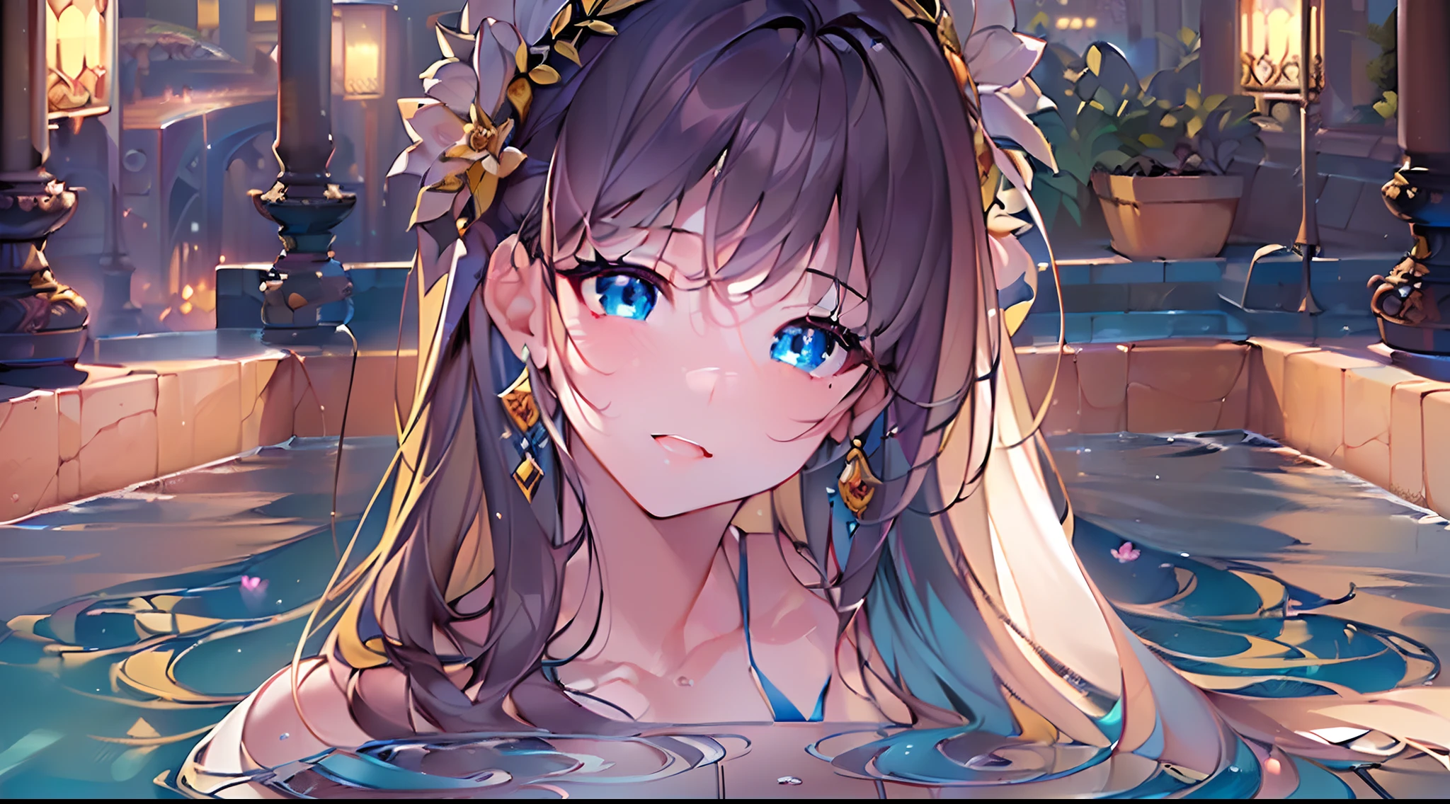 (Masterpiece, top quality, super detailed CG, ultra detailed beautiful face and eyes,super detailed, intricate details:1.2), 8k wallpapers, elaborate features, (1 person, solo:1.4)perfect cartoon illustration, (1 person, solo:1.4), 1 girl, night pool, swimwear, (full body illustration:1.5)