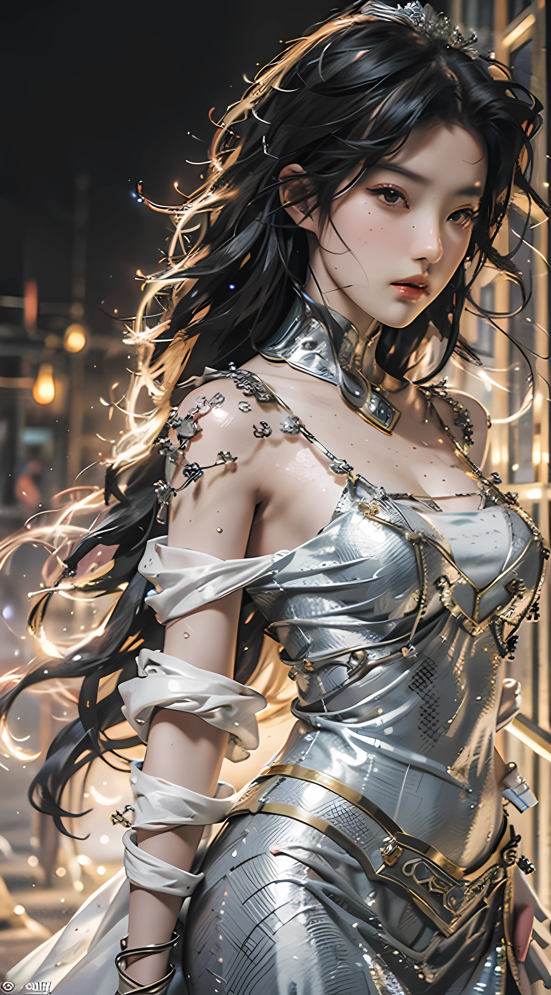 a woman in a silver dress posing for a picture, concept art by Raymond Han, cgsociety contest winner, fantasy art, ((a beautiful fantasy empress)), fantasy dress, a beautiful fantasy empress, karol bak uhd, fantasy gorgeous lighting, fantasy woman, fantasy robe, blonde goddess, style of karol bak, draped in shiny gold and silver, sexy gown