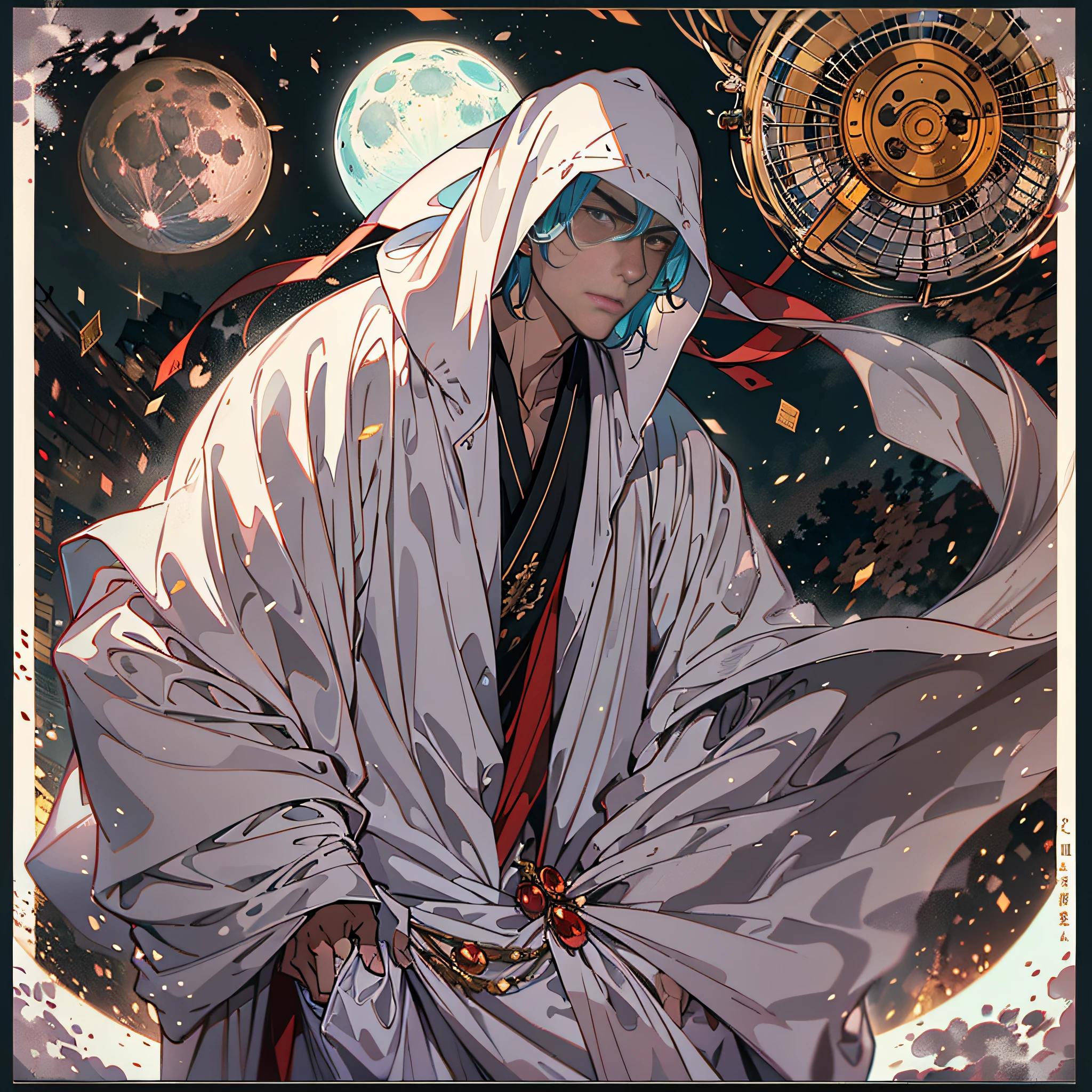 themoon, optic, fanciful,It was dark,storming,salama,The figure stands front-on,中景 the scene is,(A man in a white robe with a fan in his hand:1.3),Can't see faces,Two red lights in his eyes,Magnificent,There is domineering between the eyebrows,Manhwa Style,