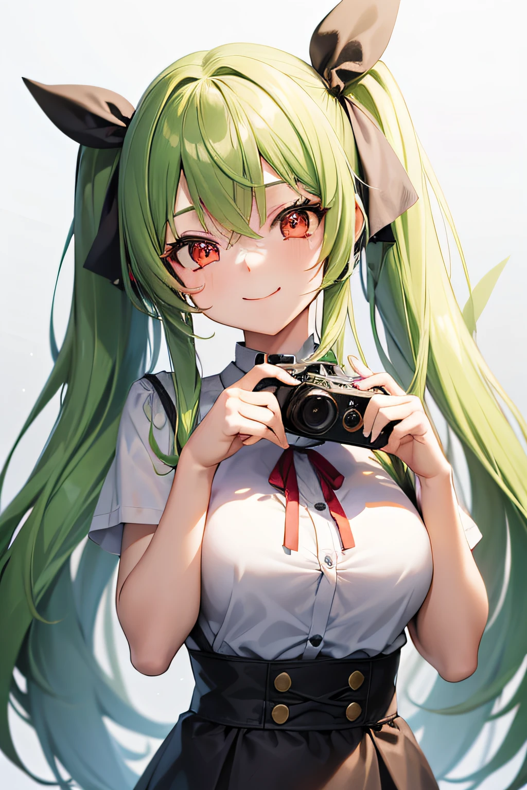 A beautiful girl, anime style girl, green hair, straight hair, long hair, twin tail, tied up with a ribbon, red eyes, (holding a camera), taking a video, smiling, happiness, making a v sign, 8k, super detail, masterpiece, high quality, high resolution, high detail, high face detail, HD quality