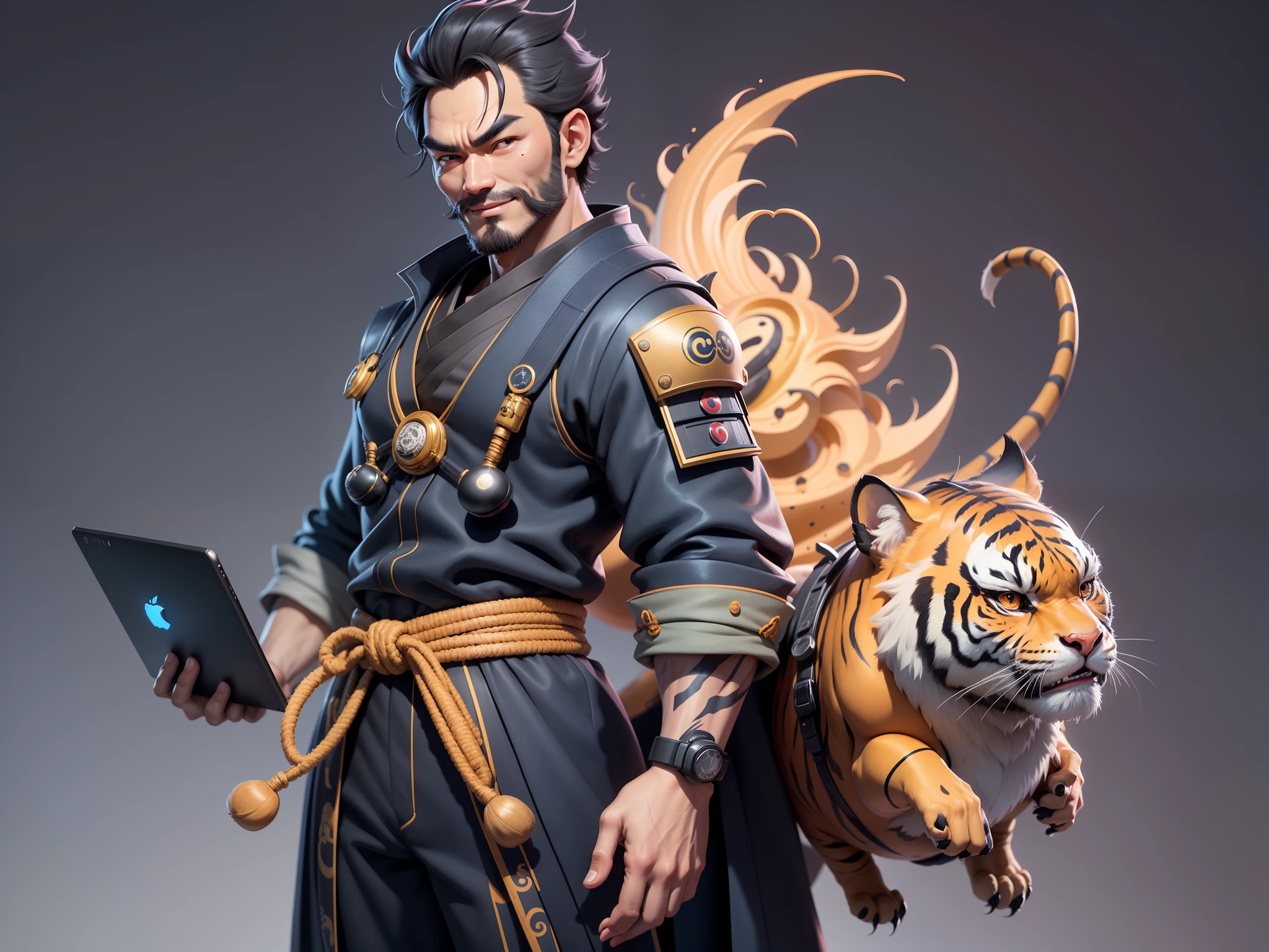 (Daisaku),(Need),(Super meticulous),(full bodyesbian:1.2),Super young man with Japanese geisha,Beautiful,orient,one tiger,Aeolian Thor,Raised sexy,爆乳,Oriental face,TV Anchor,Bust portrait illustration,In black suit,a blue tie,The face is slightly chubby,The face was clean,without a beard,Black super short hair,Black eyes,Smile confidently,3C computer sub-products,iPad, iphone,Digital painting,3D character design by Mark Clairen and Pixar and Hayao Miyazaki and Akira Toriyama,The illustration is a high-definition illustration in 4K resolution,With very detailed facial features and cartoon-style visuals。