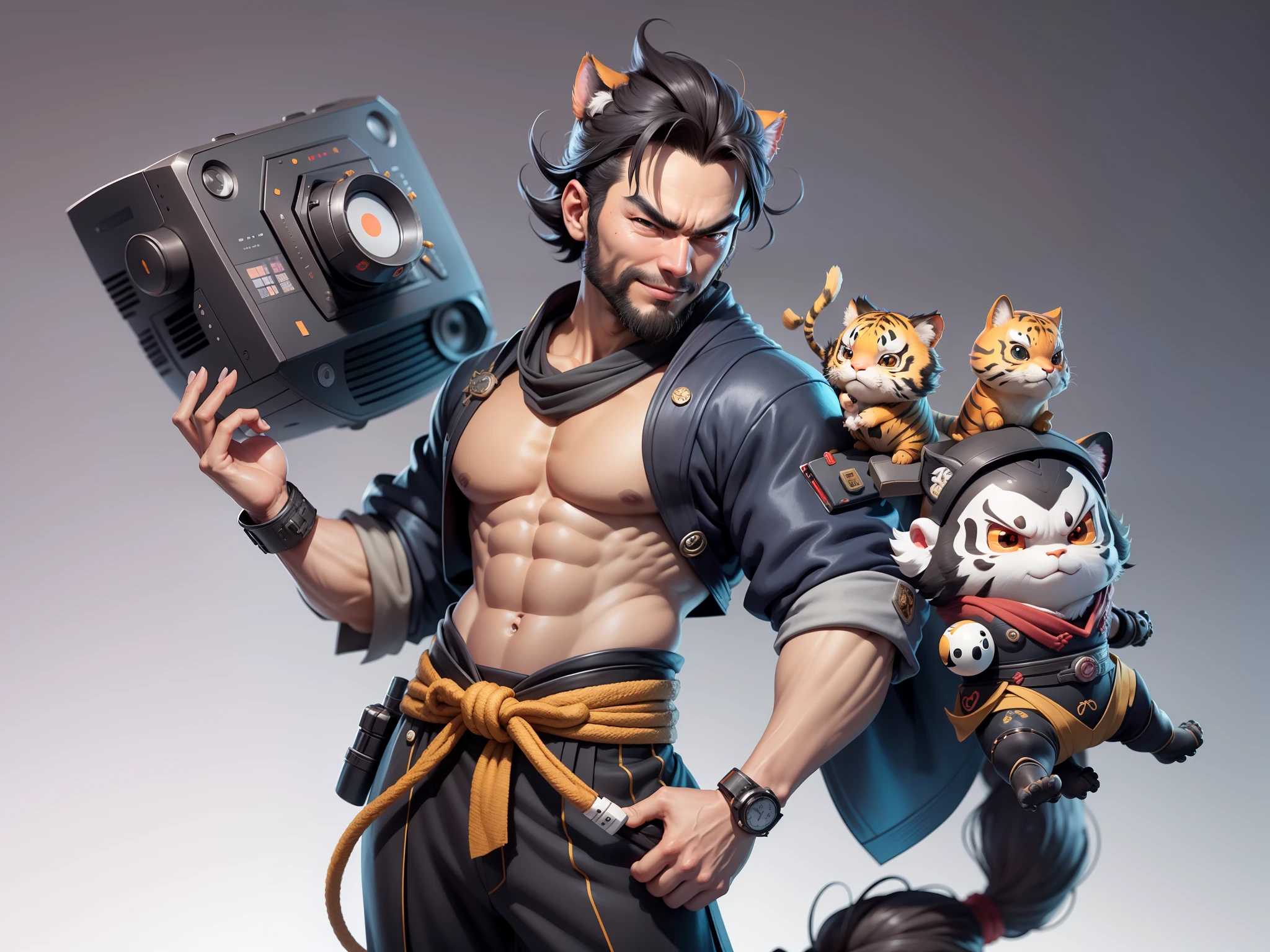(Daisaku),(Need),(Super meticulous),(full bodyesbian:1.2),Super young man with Japanese geisha，Beautiful，orient，one tiger，Aeolian Thor，Raised sexy，爆乳，Oriental face，TV Anchor，Bust portrait illustration，In black suit，a blue tie，The face is slightly chubby，The face was clean，without a beard，Black super short hair，Black eyes，Smile confidently，3C computer sub-products，iPad， iphone，Digital painting，3D character design by Mark Clairen and Pixar and Hayao Miyazaki and Akira Toriyama，The illustration is a high-definition illustration in 4K resolution，With very detailed facial features and cartoon-style visuals。