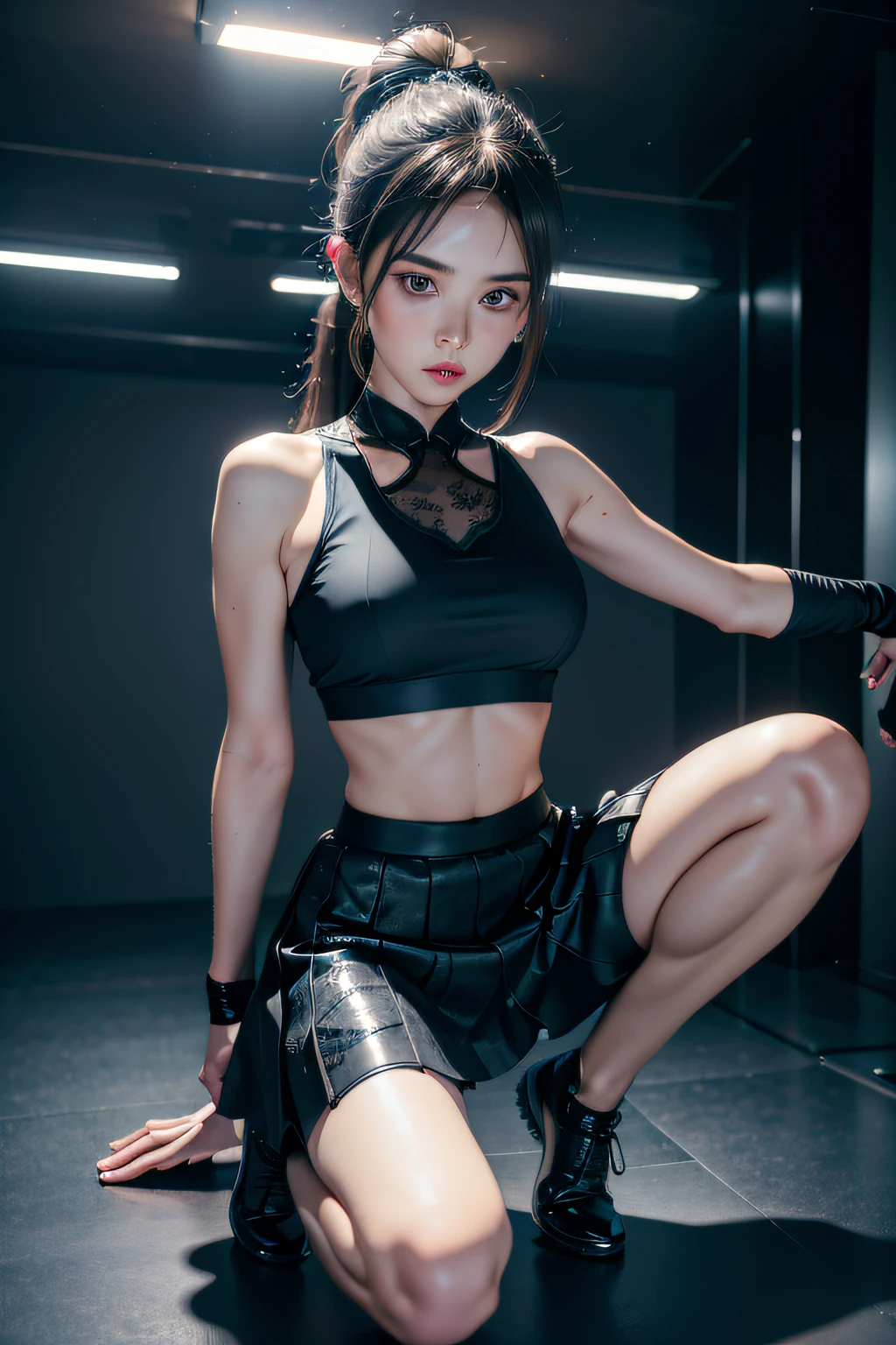 (best qualtiy)Girl in meticulous sports dress,Squat on the floor of the gym,spread their legs,Wear intricate tight skirts and sports bras,Highlight minor abdominal muscles,The chest tattoo adds a cinematic touch to the scene in the black tattoo,Film lighting completes the overall atmosphere。