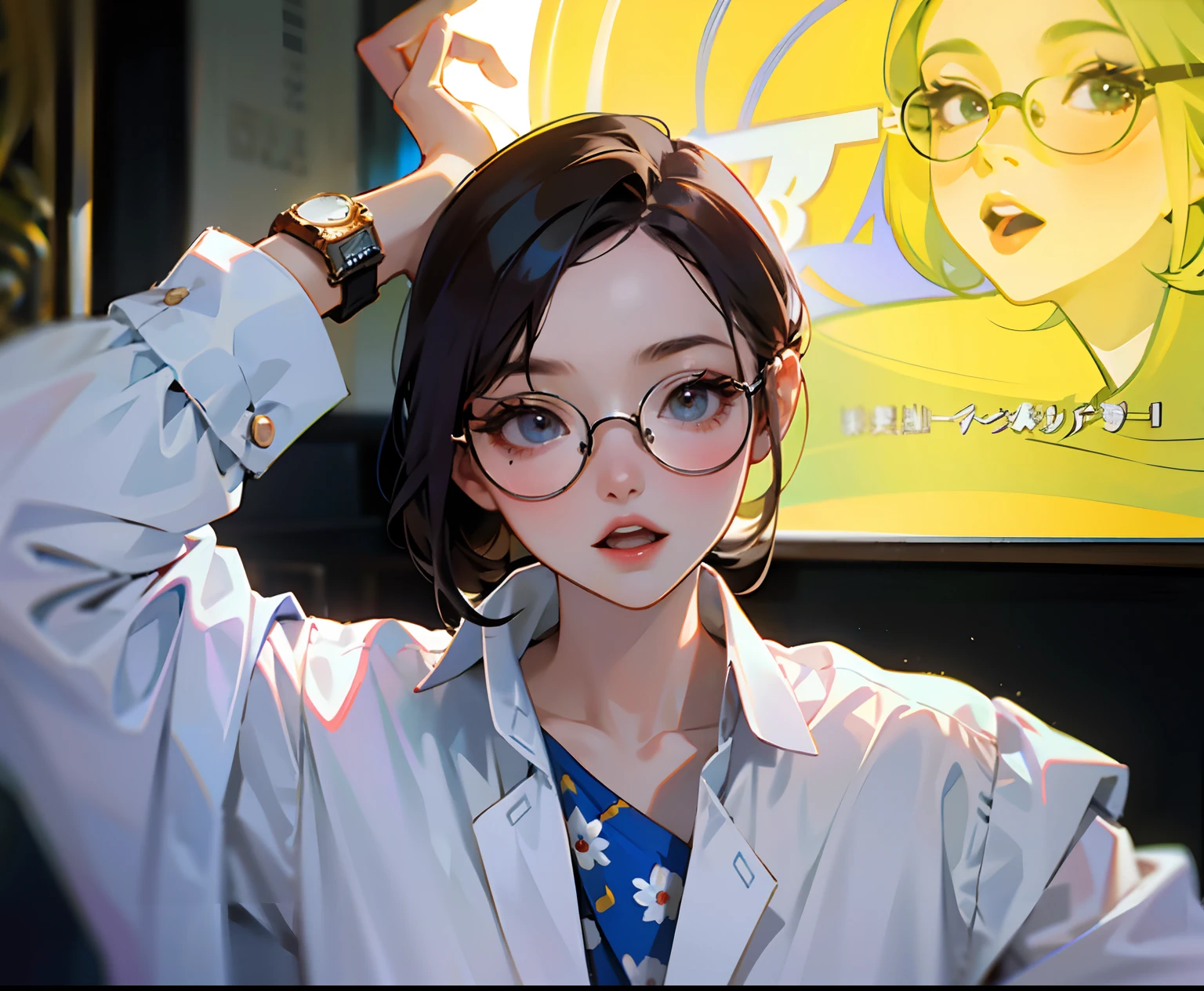 masterpiece,best quality,1girl,Wearing glasses, wearing a white shirt, opening your mouth, wearing a watch, and touching your head with your hand