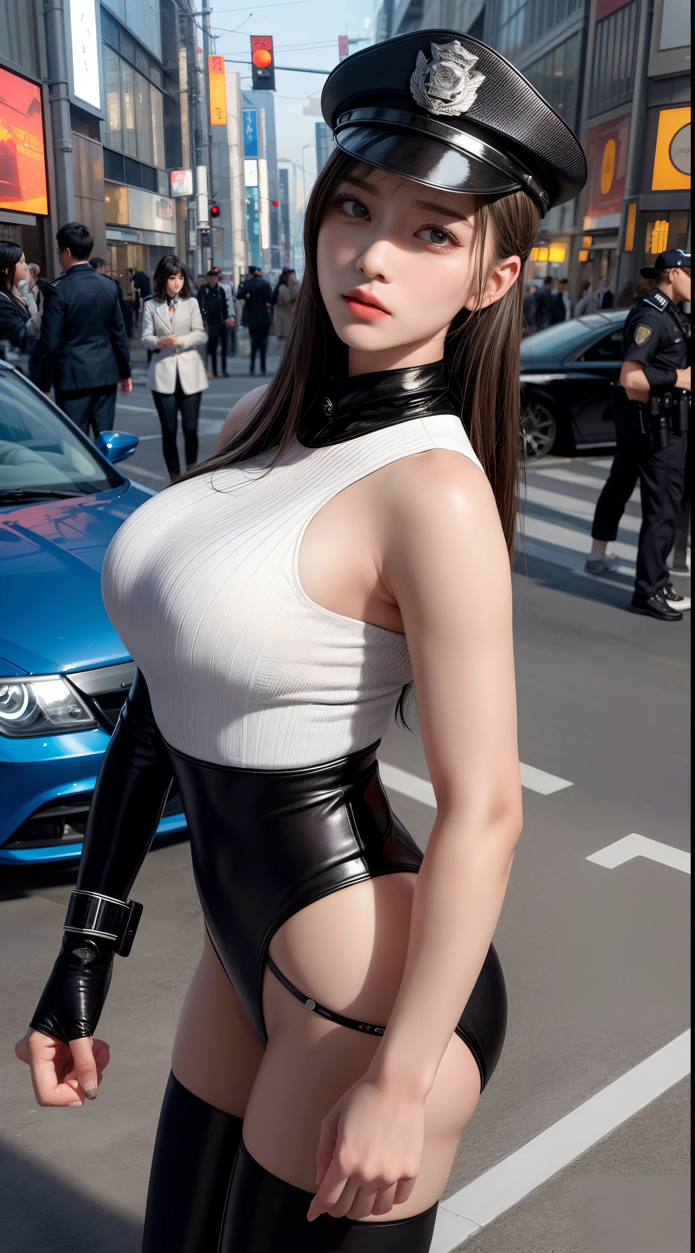 The highest image quality，excellent detail，The ultra-Highres，Swat，The Police of the Future，model figure，full body photograph，full bodyesbian，dynamicposes，A gloomy look，Gloomy Eyes，masked，She is wearing a futuristic SWAT uniform，She stood in front of a police car，Pony tail，Sturdy body，Sexy and sturdy，Detailed abs，Detailed muscle lines，A sense of power，sweat face，natta，Toiko，exterior，street corner，Streets in downtown Tokyo：1.5，Tokyo night view background，at night，Neon lights，Technological sense，future tech，Very detailed cyberpunk style，Cyberpunk persona：2.0，Highly detailed police uniform：2.0，Highly detailed police hat，Highly detailed police force，Highly detailed police badges，Very detailed armbands，Very detailed police strip，Highly detailed epaulettes，Wearing a police cap，Very delicate electric baton，Highly detailed guns:1.5，The Gun of the Future，intercom，Wireless devices，handcuff：1.5，Police Cars：2.0，Police cars of the future，（Highly detailed body，highly detailed face，Best quality at best：1.2） ，frontage，full bodyesbian，look from bottom to top，Down from the bottom, lookin at viewer，machinery，Tokyo City Background，Tokyo City，Toiko，（Highly detailed police uniform：2.0），（Highly detailed police equipment：2.0），（Swat：2.0），（gunshot：2.0），（Tokyo city background at night：2.0），（Busy streets：1.5），（Highly detailed police cars：2.0），（fully body photo：3.0），（natta：2.0），（detailed hands：2.0），（Harmonious body proportions：2.0），（Normal limbs：2.0），（Normal finger：2.0），（Detailed Eyes：2.0），（normal eye：2.0），