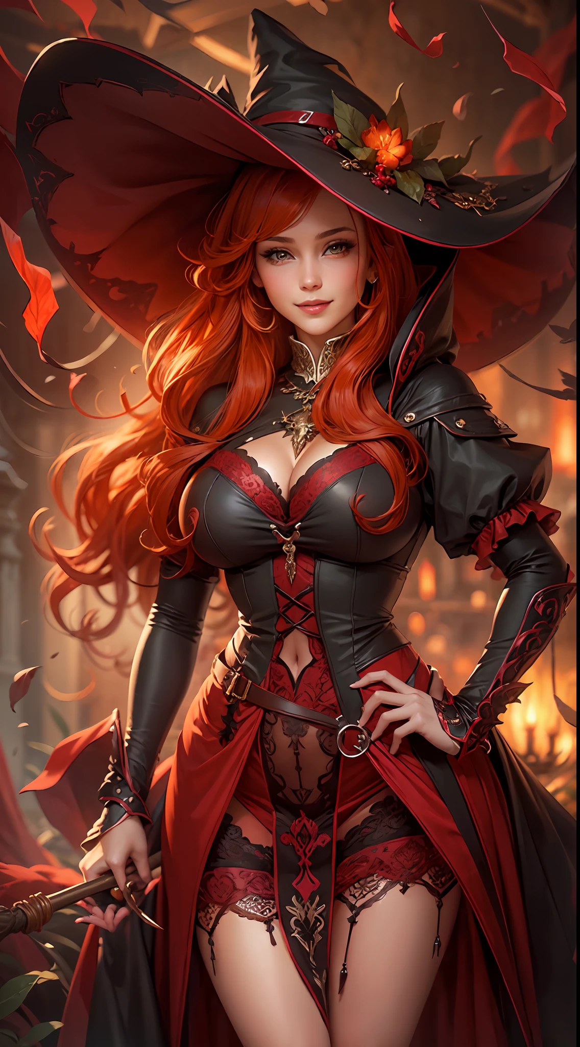 ((big breast, big hips)), beautiful female, long elf ears, redhead hair, long hairstyle, smiling expression, {red} {very big} witch hat, ({red} pelvic curtain dress), {red} long gloves, tight high wear with garter belt, perfect creation, perfect art, highly detailed, detailed art, masterpiece, perfect creation, perfect art,