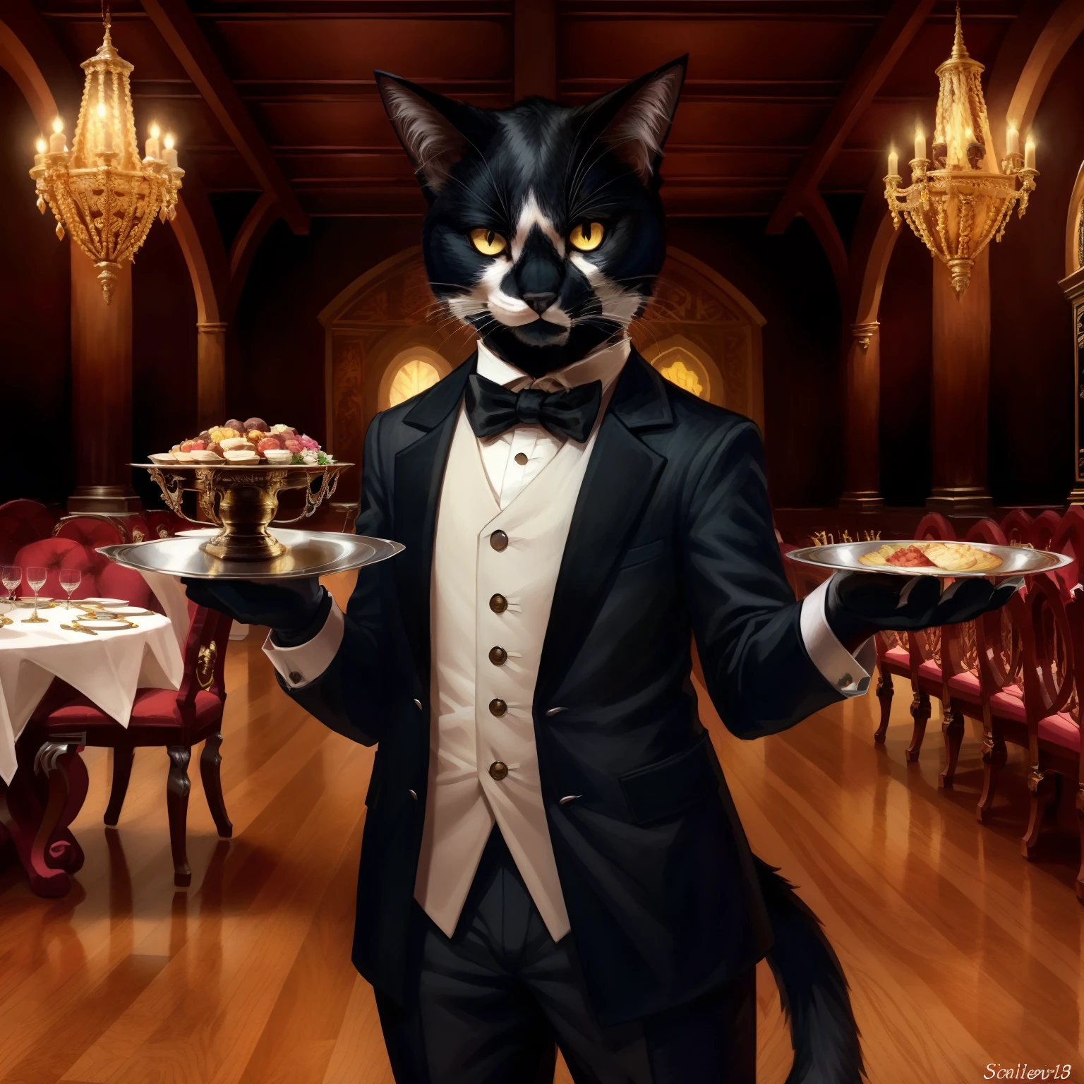 Leo, anthropomorphic, cat anatomy, standing upright, wearing black butlers uniform, serious face, glowing yellow eyes, elegant designs, cute paws for hands, highly detailed, masterpiece, (Holding_a_silver_platter:1.2), standing in a grand dining hall, offering platter to viewer