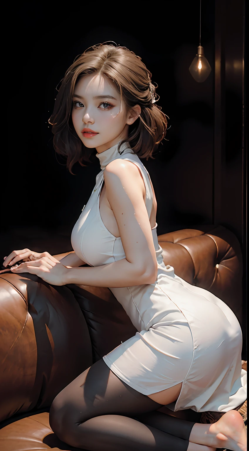 raw, masterpiece, ultra fine photos,, top-quality, 超A high resolution, Photorealsitic, blackcutoffs, rays of moonlight, Full body portrait, stunningly beautiful,, Dynamic Poses, delicated face, Vibrant eyes, (from side view), She wears a futuristic Batman costume, Skinny Matte Black Leather, Turtleneck Top, off shoulders, Sitting on a leather sofa, highly detailed back ground, A detailed face, Detailed tidy background, a gorgeous, milkyW, High Detail Skin, realistic skin detail、Visible Pore、foco nítido、Volumetric fog、8K UHD、Digital SLR、hightquality、film grains、fair white skin、photorealisim、Lomography、The utopian city of the future seen from below、Transparent inlaid in the dress、Short dress、Large room:1.3, White blonde, shorth hair, eyeshadows,A age girl, Luxury Lounge, Sexual provocation, A bewildering smile