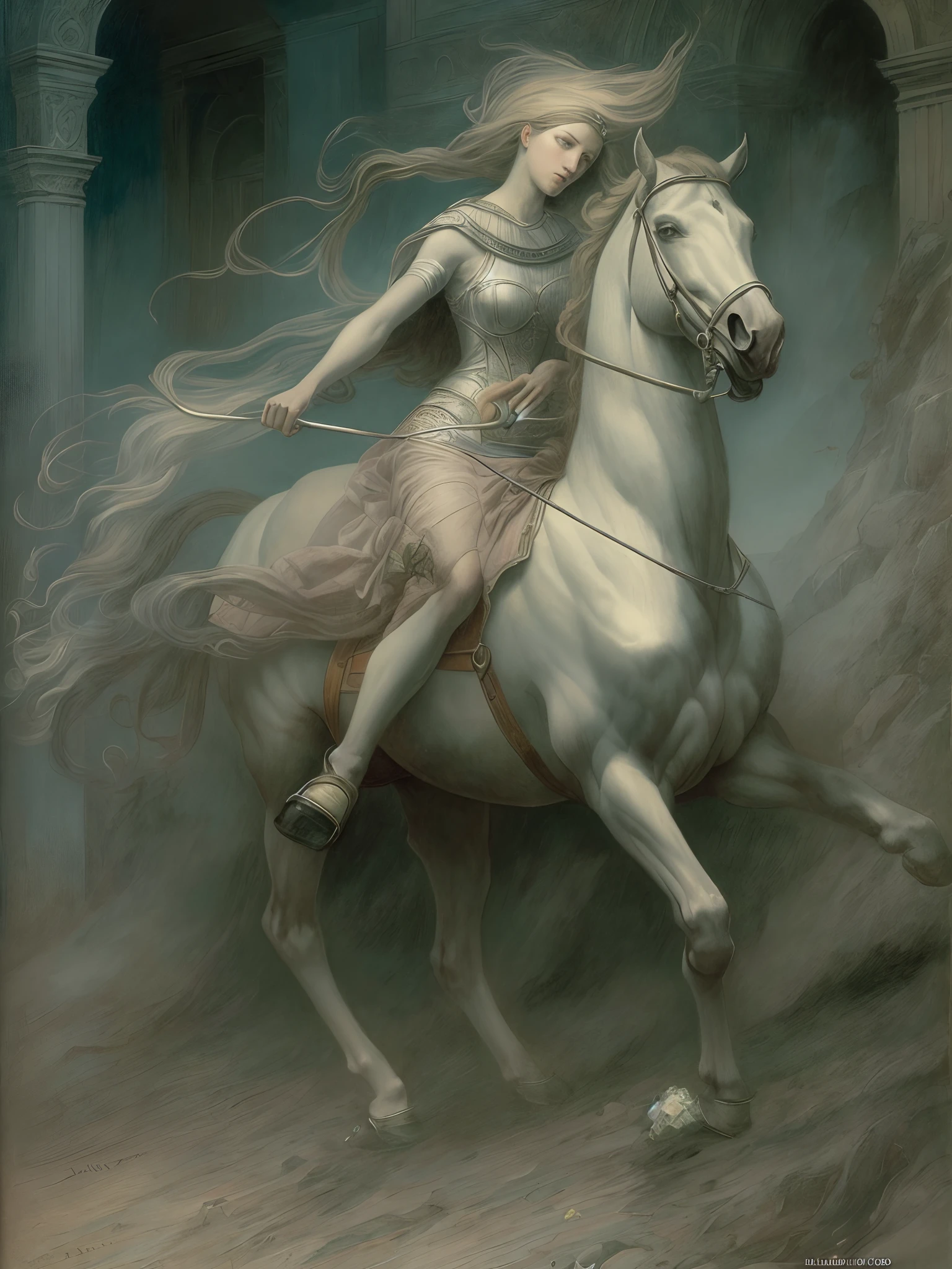 (Best Quality, tmasterpiece: 1.1), Lady on horseback, illustartion, improvisation, Complicated details, chilling, excitement, Hyper-realistic, insanely detailed, ((Стиль Jean Delville)), --AR 3:4 --s 750