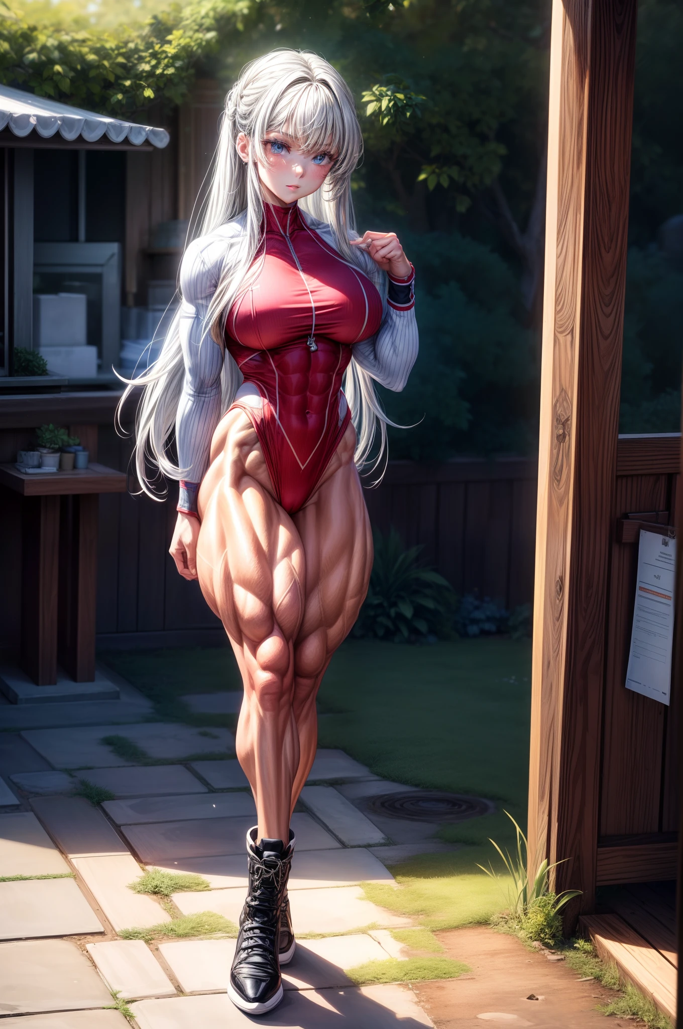 (BEST lighting) , (ultra intricately detailed) , 4K unification, (super-detailed CG: 1.2) , (8K: 1.2),(Original), (Masterpiece) , (Best quality),(Masterpiece:1.4),Anime-ish high quality,(Masterpiece),Masterpiece, Super clear picture quality，Clearer than movies，（Fine face）Best quality, absurderes,((masterpeace, 4K, 8K, Yes, A high resolution))1girll, schoolgirls，She was in the garden，standing on your feet,Exposing the abdomen， Crop topping,There are bulges of dense veins on the arms，Spring, Boots, Perfect figure, Long silver hair, Dynamic pose,Legs exposed，Strong leg muscles ((body builder:1.5)),Spring Garden,(Beautiful bace),(Girl),(Female),(((Upper body:1)))