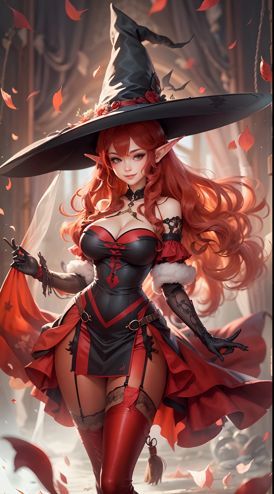 ((big breast, big hips)), beautiful female, long elf ears, redhead hair, long hairstyle, smiling expression, {red} {very big} witch hat, ({red} pelvic curtain dress), {red} long gloves, tight high wear with garter belt, perfect creation, perfect art, highly detailed, detailed art, masterpiece, perfect creation, perfect art,