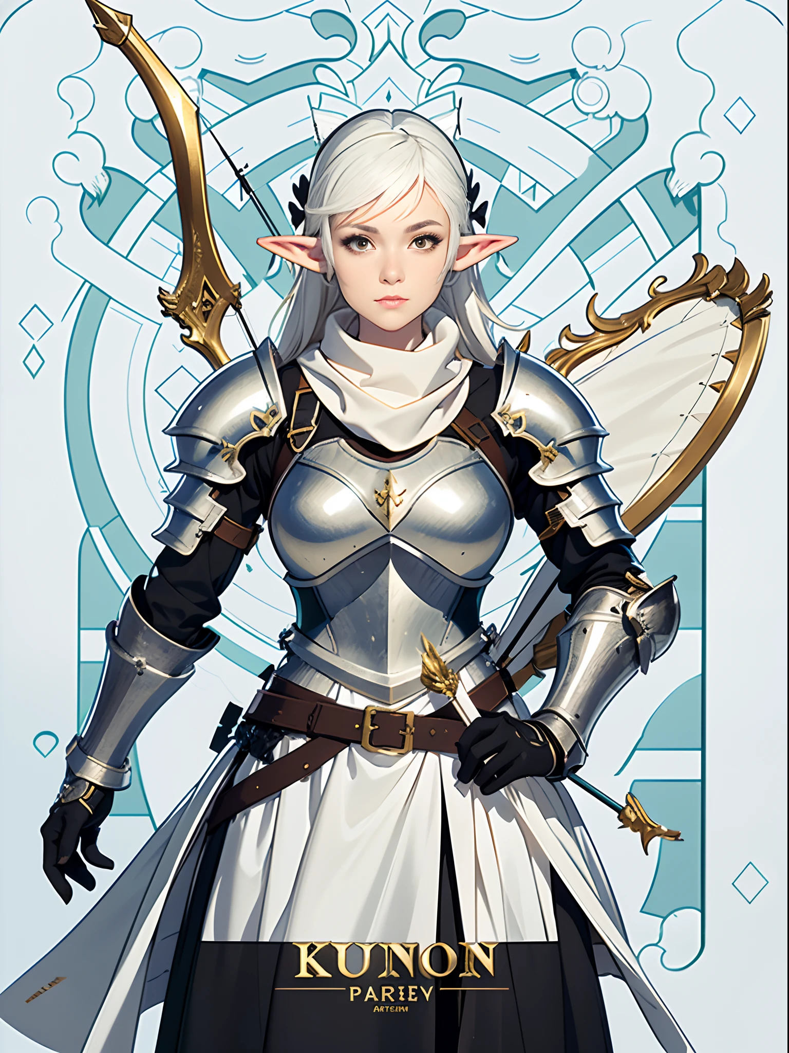 Alafed woman in armor with bow and arrow, super detailed fantasy characters, render of april, female archer, of a beautiful female knight, alluring elf princess knight, 3 d render character art 8 k, lineage 2 revolution style, beautiful female knight, Gorgeous Female Paladin, ArtGerm ; 3d unreal engine, White scarf and detailed armor