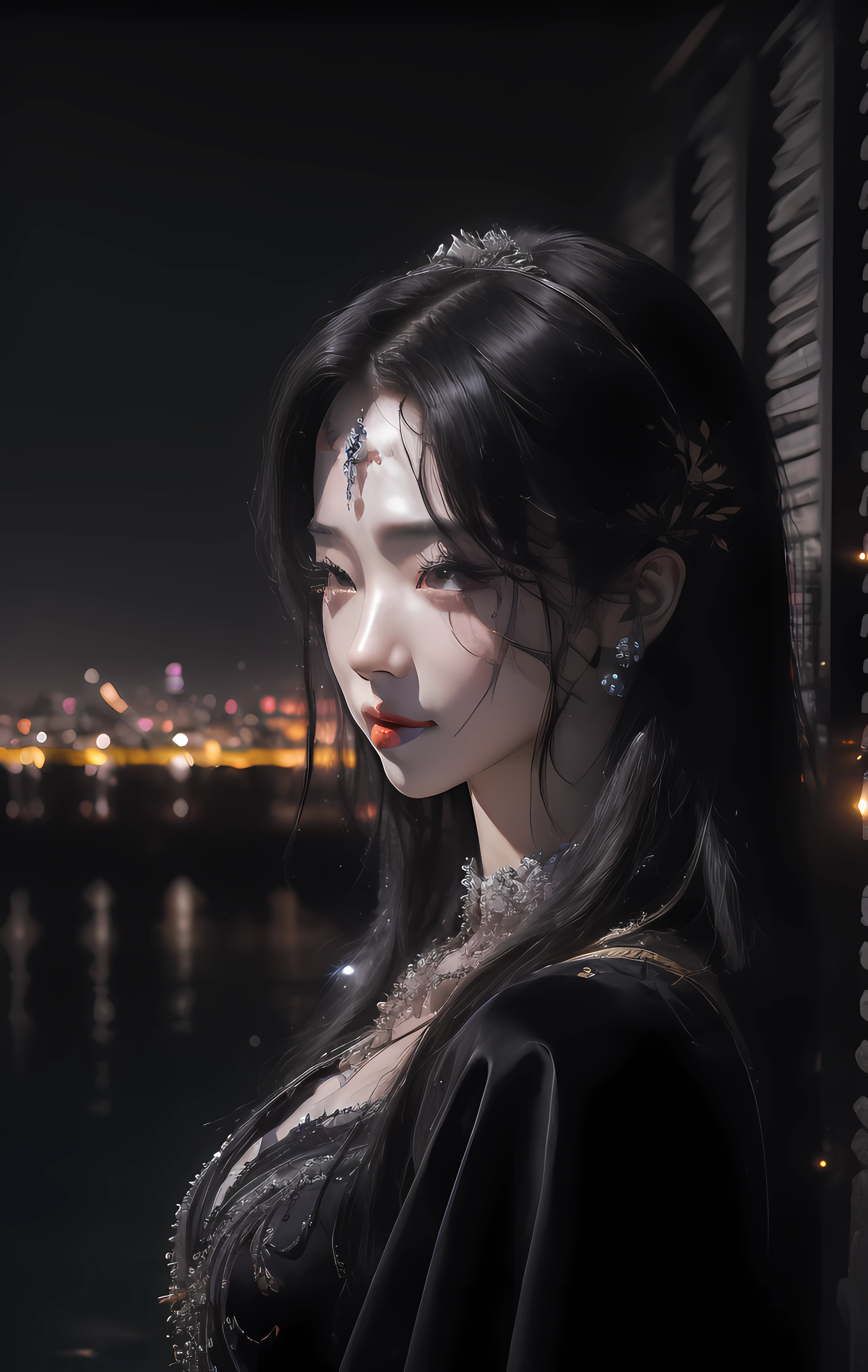 night,(night:1.8),(city lights:1.9),(black theme,),in summer,onsen,(nature:1.9),1girl,full body,black hair,very long hair,grin,sexy,unaligned breasts, dynamic angle,dynamic pose,outdoors,chinese style architecture,High color saturation,Color saturation,(jewelry:1.4),putting on jewelry, 
ray tracing,cinematic lighting,(raw photo:1.2), (photorealistic:1.4), absurdres, incredibly absurdres, huge filesize , ultra-detailed, highres, extremely detailed,best quality ,masterpiece, illustration, an extremely delicate and beautiful, extremely detailed ,CG ,unity ,8k wallpaper, Amazing, finely detail, masterpiece,best quality, pureerosface_v1,ulzzang-6500-v1.1,