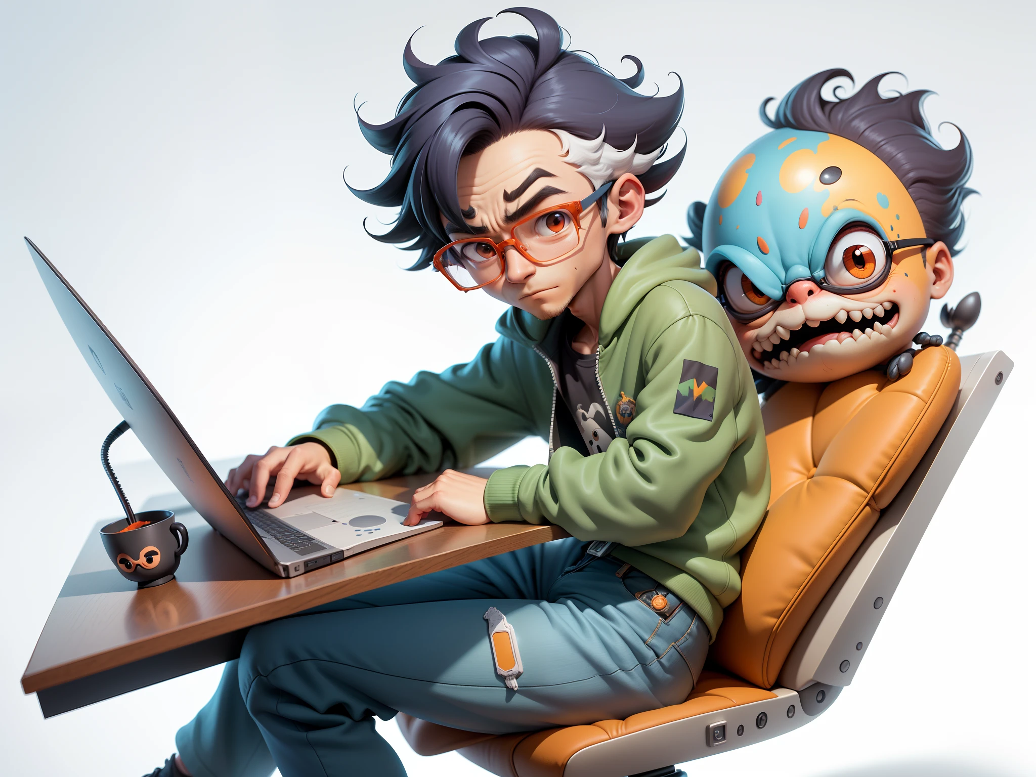 A young man with glasses sits at his desk,holding laptop,digitial painting,3D character design by Mark Clairen and Pixar and Hayao Miyazaki and Akira Toriyama,4K HD illustration,Very detailed facial features and cartoon-style visuals。
