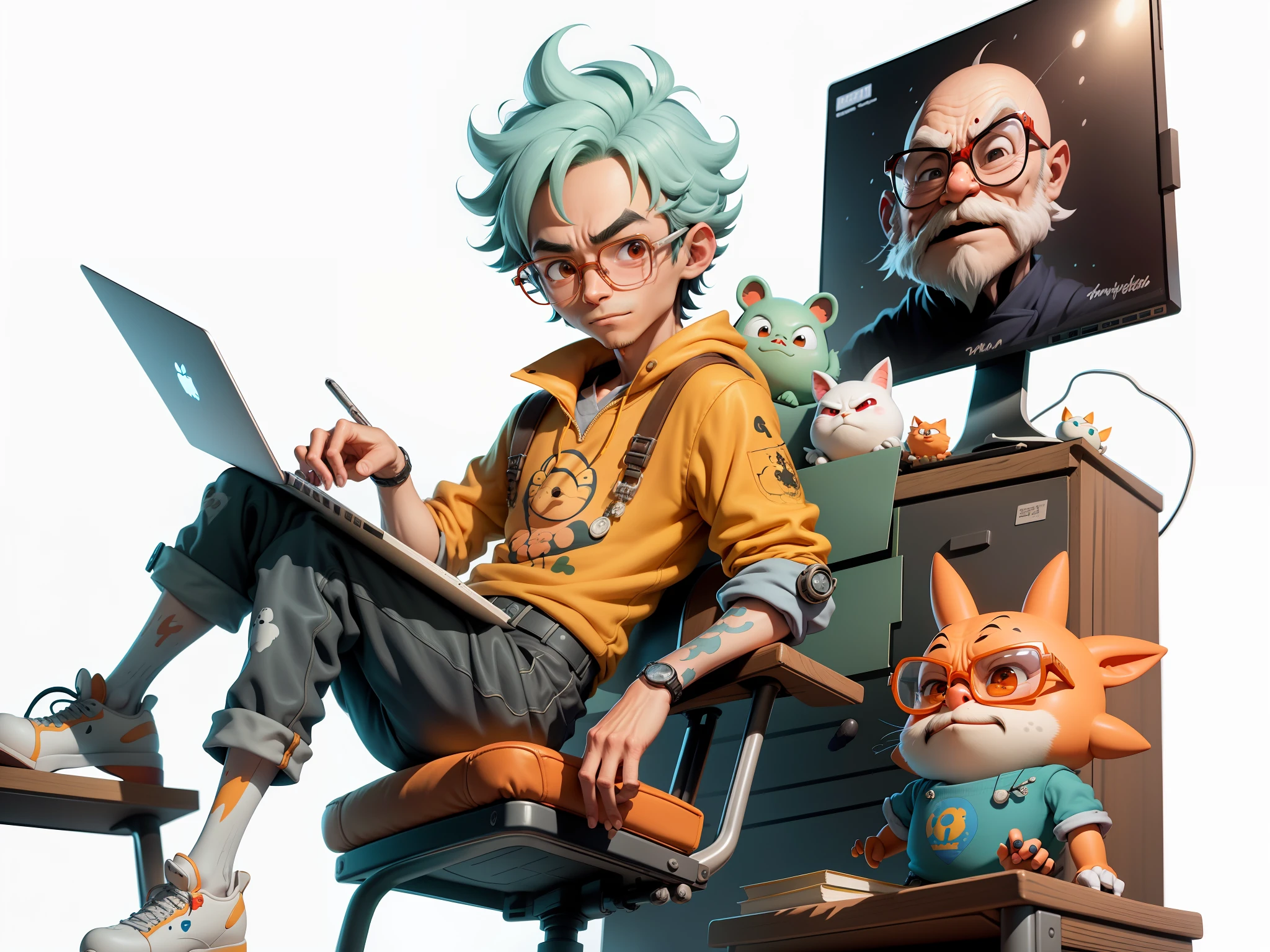 A young man with glasses sits at his desk,holding laptop,digitial painting,3D character design by Mark Clairen and Pixar and Hayao Miyazaki and Akira Toriyama,4K HD illustration,Very detailed facial features and cartoon-style visuals。
