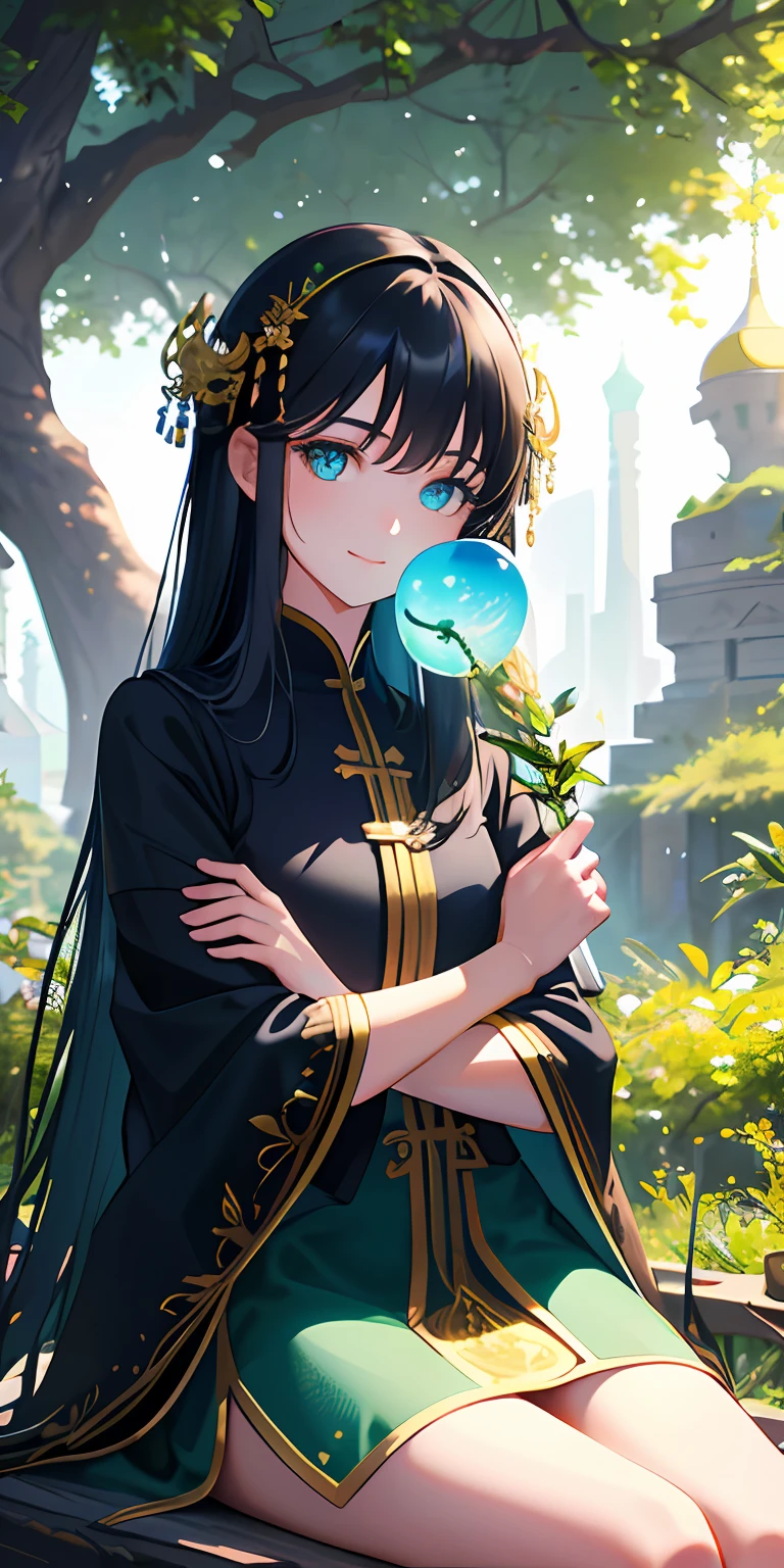 [(Transparent background:1.5)::5],(((Masterpiece))),(((Best quality))),(((Extremely detailed))),illustration, 3girl,Solo,mysterious,vivd colour,Shiny, Forest spring hemispherical glass dome, (Black hair),(Blue-green eyes), full bodyesbian,Long hair is calm and natural, Bai Xuan Road,Small riverside, Close up,Dynamic actions,Lens perspective,(((Box composition))),sitting cross-legged，Leaning against the spirit tree, voluminetric lighting,   ultra - detailed,Light smile, Highly detailed, Beautiful, small detailed, Ultra detailed, Best quality, Intricate, 4K, 8K, trending on artstationh, Good anatomy, Beautiful lighting, Award-winning,