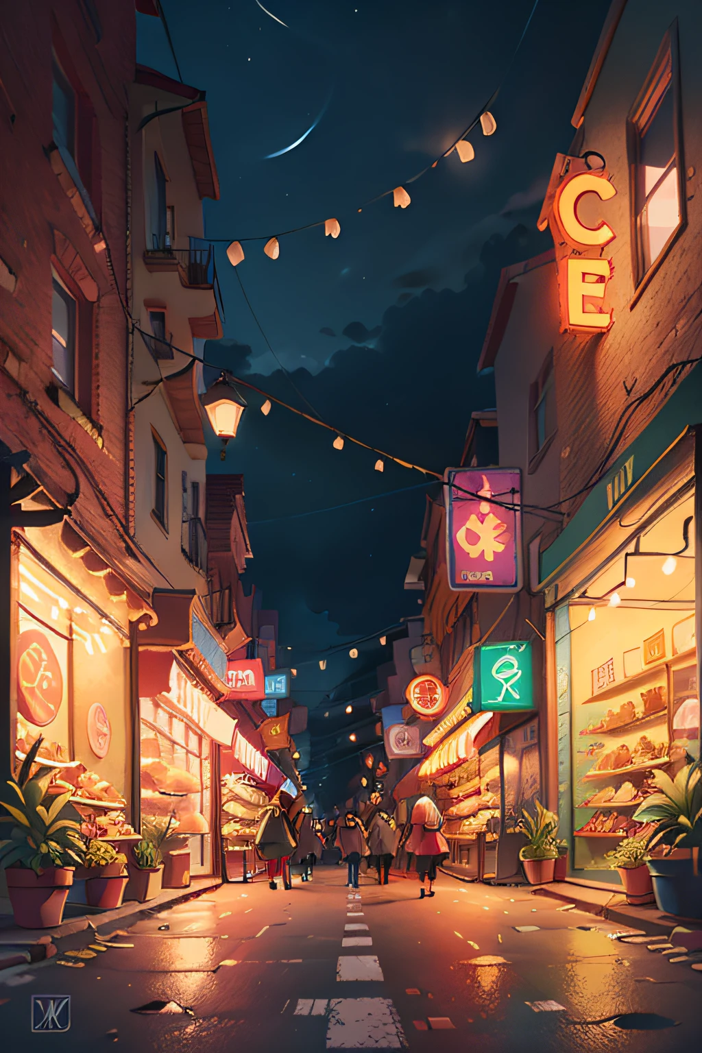 The streets of the city,nighttime scene,neonlight,Shops,cartoonish style,
