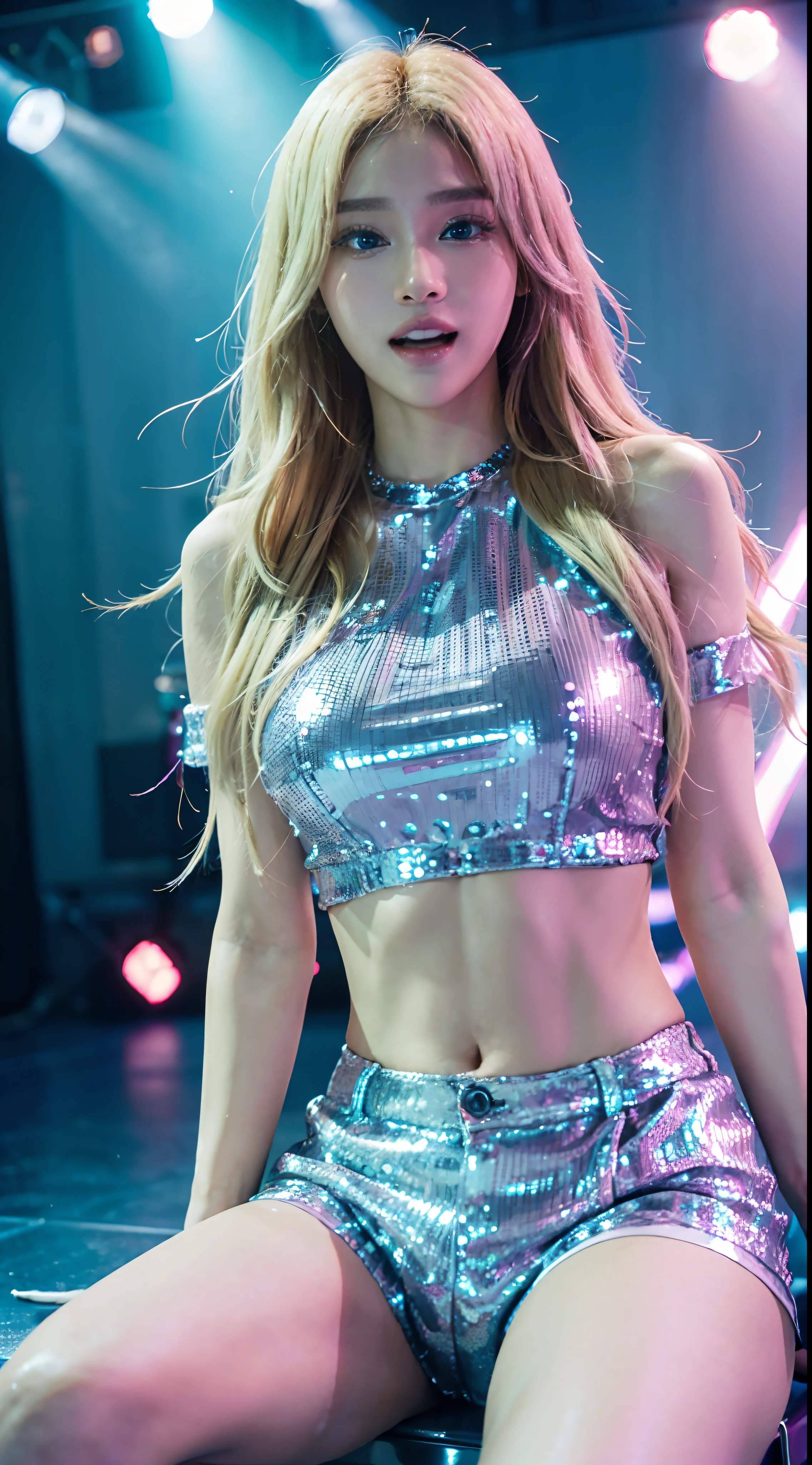 1Girl, (Blue Eyes), Laughter, ((In the name of Minaj)), large full breasts, (Best Quality, 8K, Masterpiece: 1.3), Clear Focus: 1.2, Perfect Body Beauty : 1.4, Slim Abs: 1.2, Highly detailed face and skin texture, Detailed Eyes, Double eyelids, (with long blond hair), (Shirt and sequined shorts), k-pop, idol, (Singing and dancing), (on a stage), At a concert, Spread your legs, Sitting on a chair, Looking at the audience