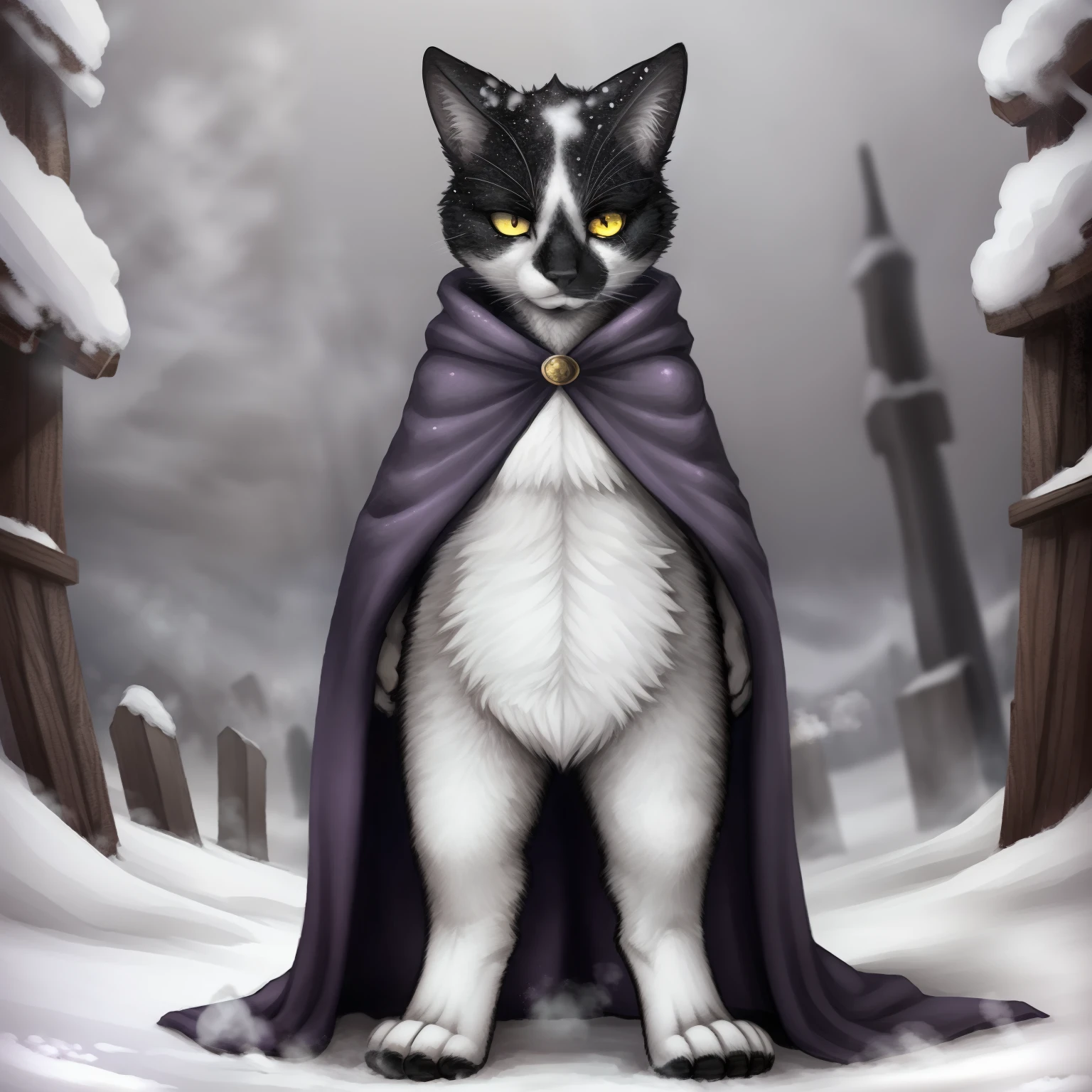 Leo, anthropomorphic black and white cat, cat anatomy, standing upright, purple cloak, steam_coming_out_of_nose:1.1, in a snow storm, serious face, standing upright, glowing yellow eyes, elegant designs, cute paws for hands, highly detailed, masterpiece, fluffy belly,