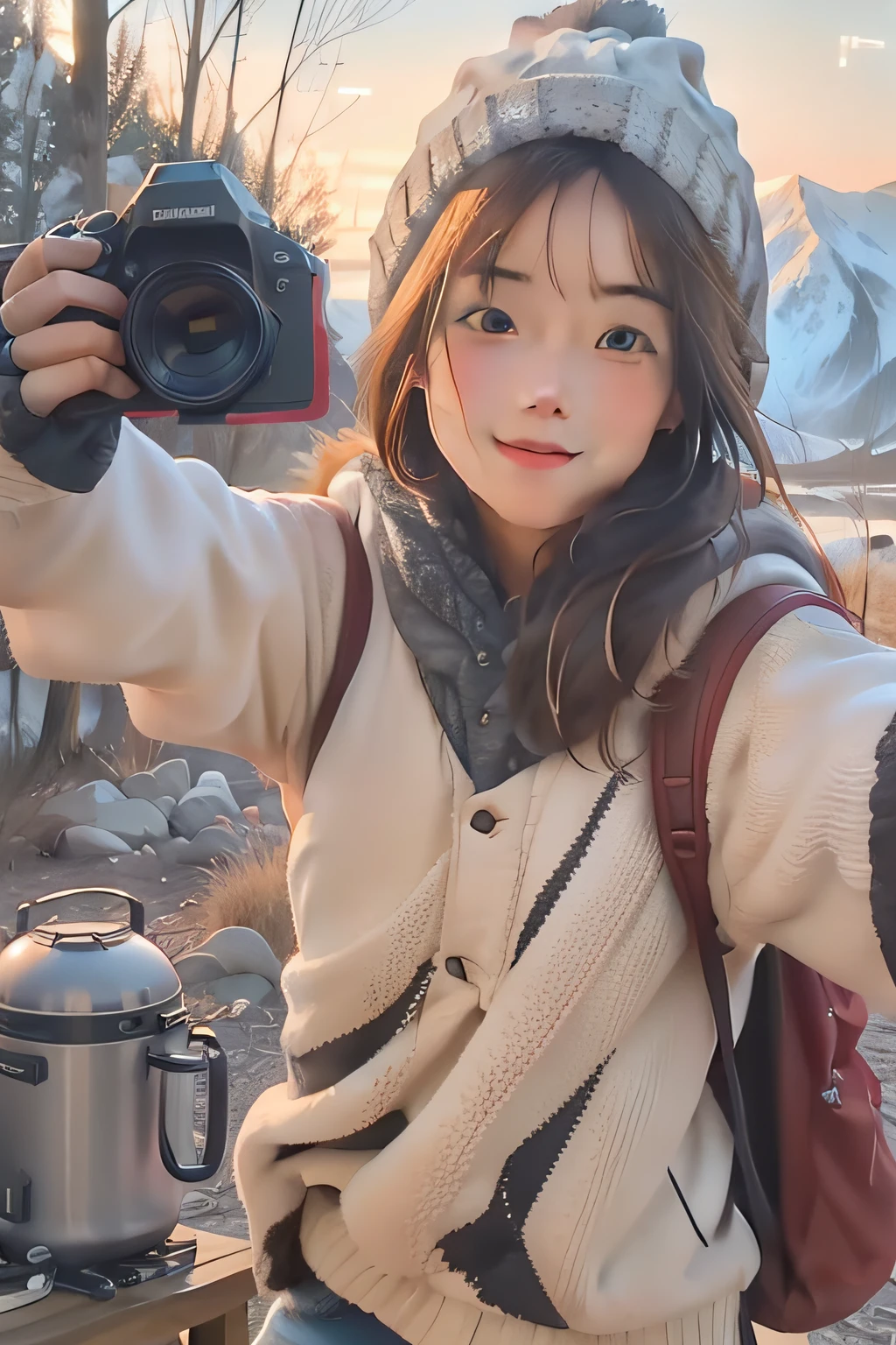 1 woman((upper body selfie, happy)), masterpiece, best quality, ultra-detailed, solo, outdoors, (night), mountains, nature, (stars, moon) cheerful, happy, backpack, sleeping bag, camping stove, water bottle, mountain boots, gloves, sweater, hat, flashlight, forest, rocks, river, wood, smoke, shadows, contrast, clear sky,
analog style (look at viewer:1.2) (skin texture)
(film grain:1.3), (warm hue, warm tone)